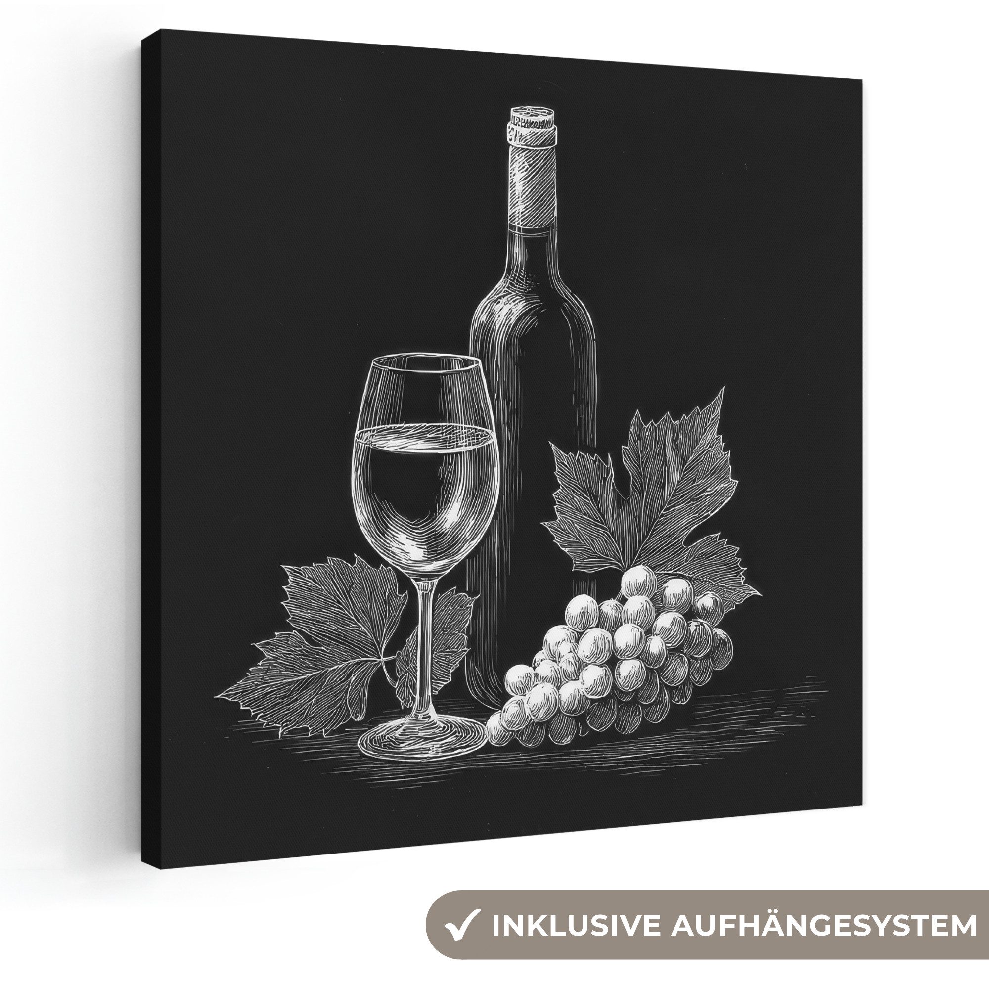 OneMillionCanvasses® Leinwandbild Weinflasche - Glas - Weintrauben - Blätter, Fotodruck (1 St), Wandbild, Deko Schlafzimmer Wohnzimmer Flur 20x20 cm
