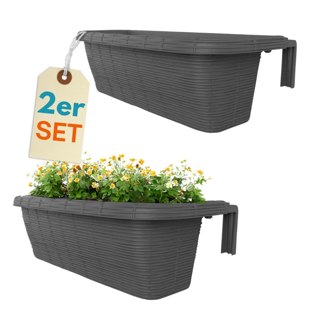 GarPet Balkonkasten 2er Set Blumen Kasten Balkon Geländer Wasserspeicher Rattan Anthrazit