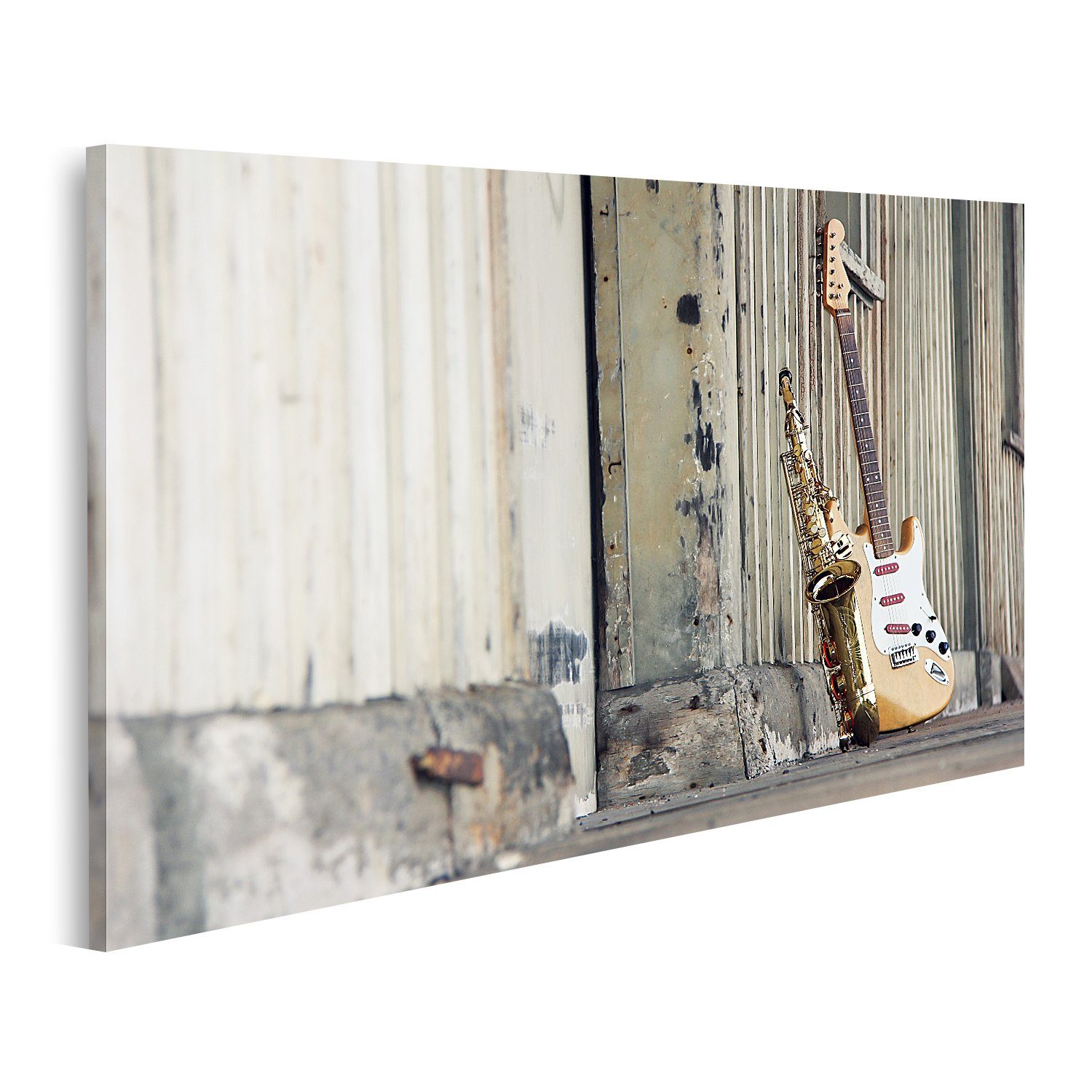 islandburner Leinwandbild Bild auf Leinwand Saxophon Mit Alter Retro Gitarre 100x57cm 1-teilig