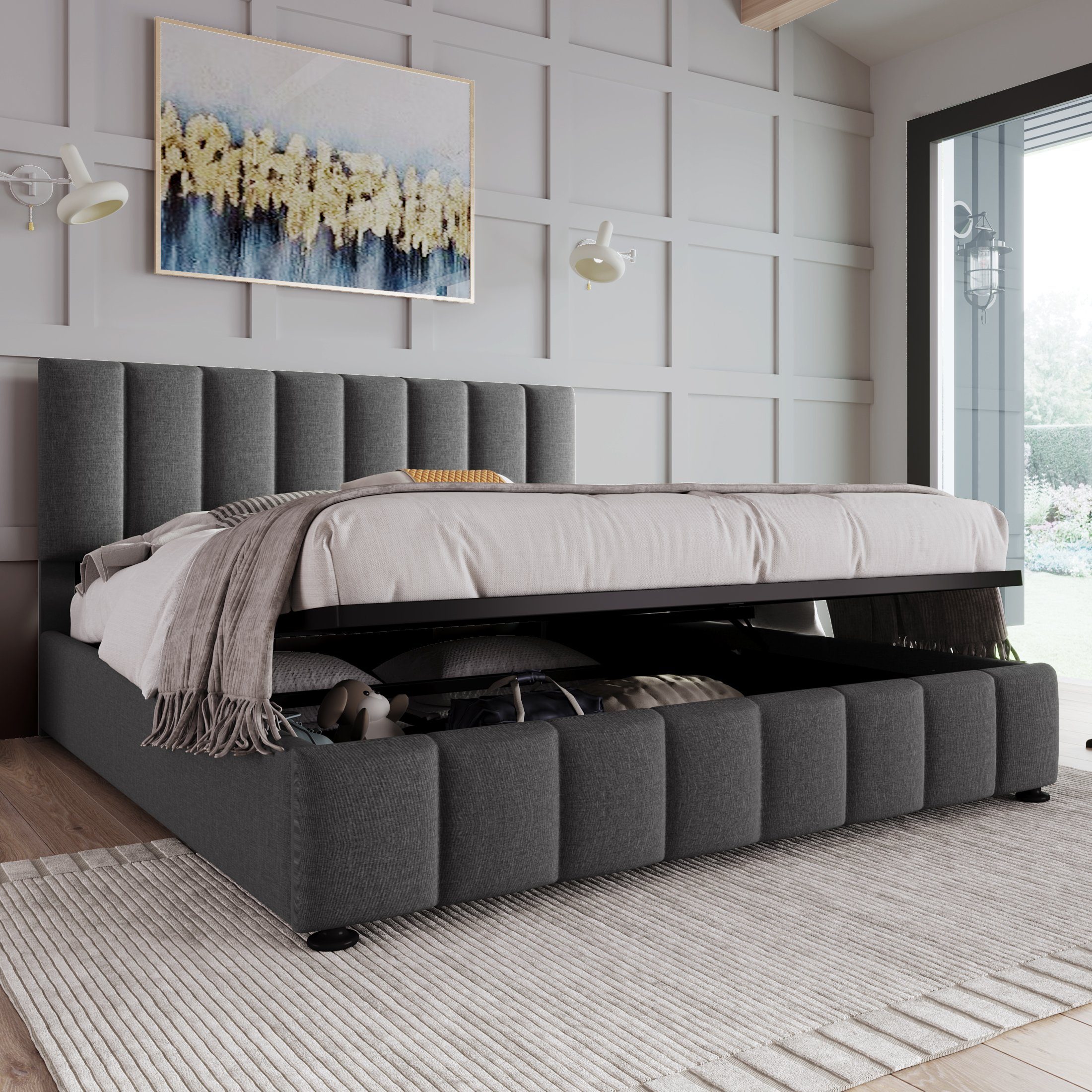 Boxspringbett (Hydraulisches Funktionsbett Polsterbett mit Matratze und Lattenrost), 140 x 200 cm Doppelbett, Verstellbares Kopfteil, Grau Leinen