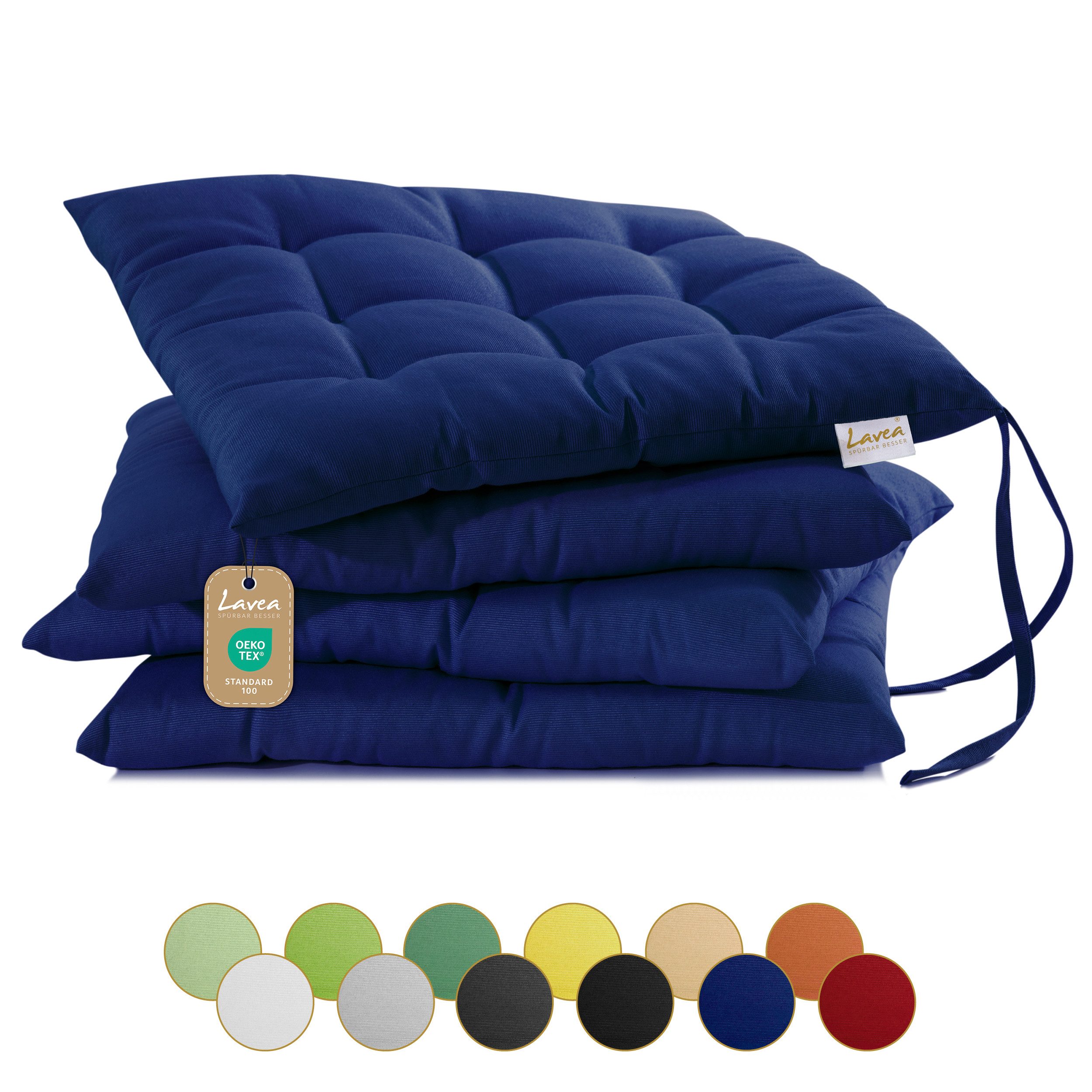 Lavea Stuhlkissen MONACO - weich gepolsterten Sitzkissen Set (4er & 8er), 40x40x3 cm, mit Stoffbändern, Indoor & Outdoor, für Garten & Balkon