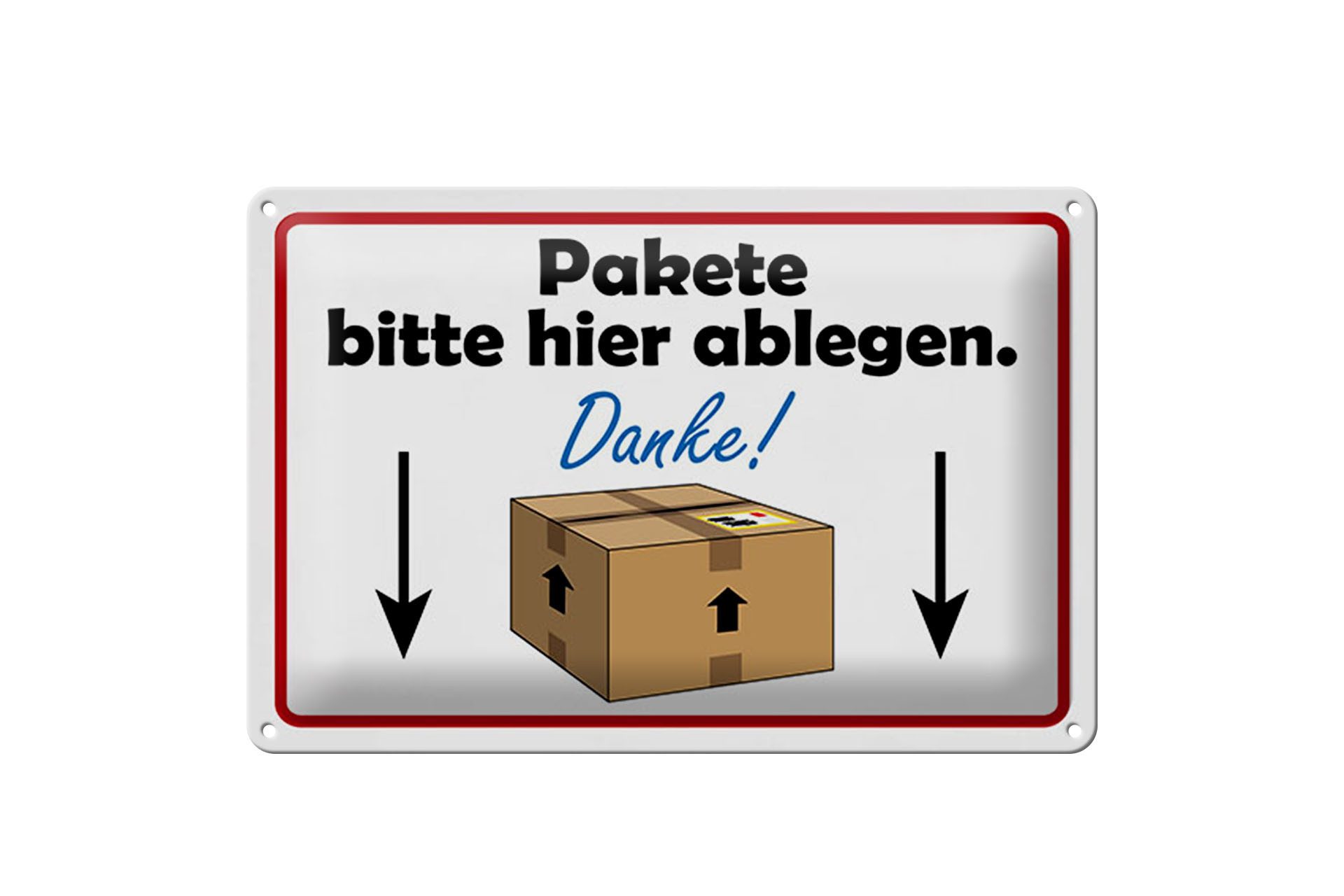 Femer GmbH Metallschild Spruch 12x18 cm Pakete bitte hier, (1 St), gewölbte Oberfläche, abgerundete Ecken, umgeschlagene Kanten