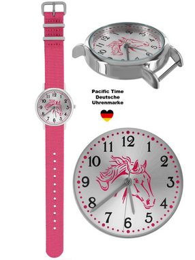 Pacific Time Quarzuhr Kinder Armbanduhr Mädchen Pferd rosa Wechselarmband rosa 10121, + ein Regenbogen Armband - Gratis Versand