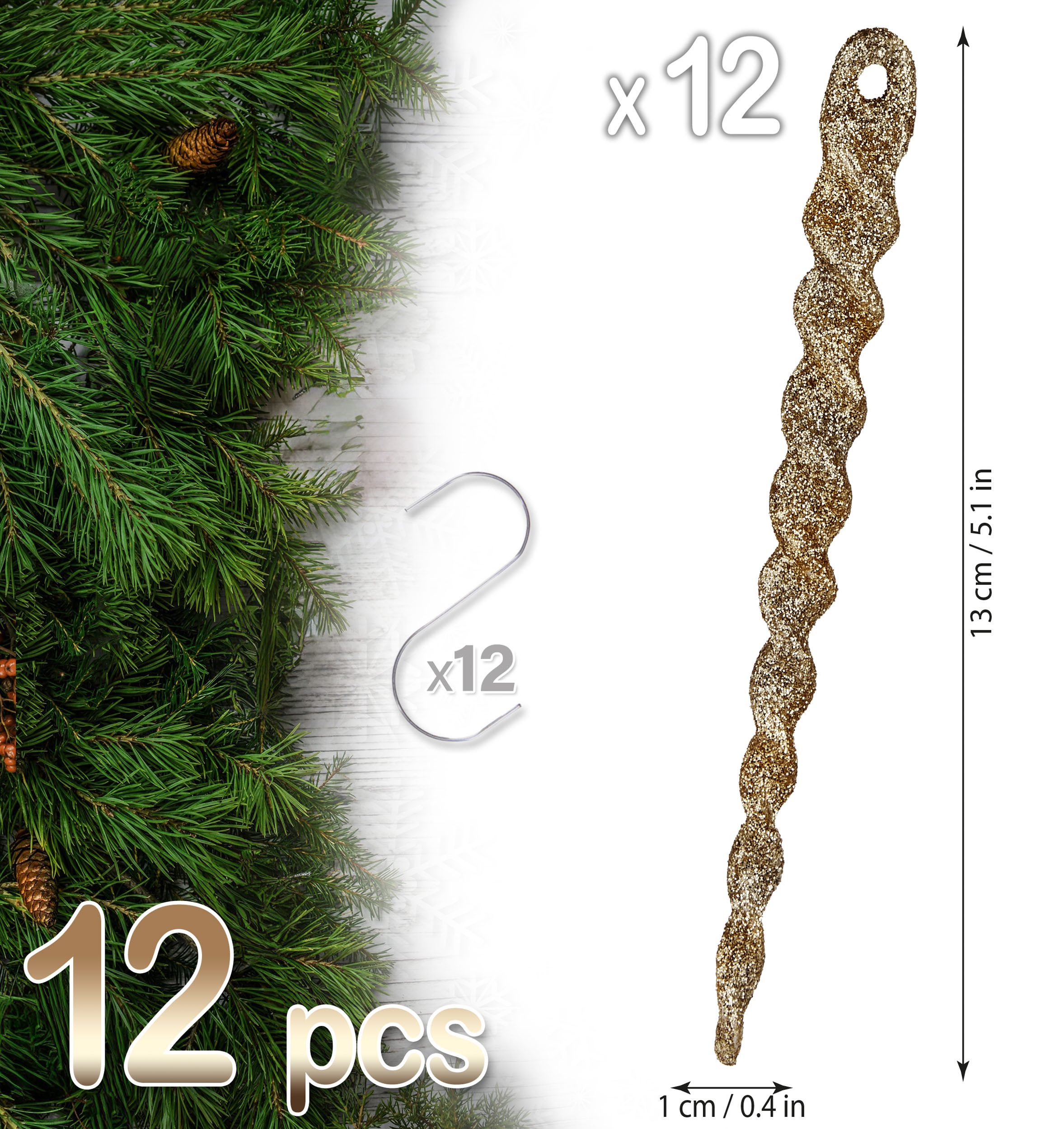 BRUBAKER Christbaumschmuck Baumschmuck Eiszapfen Glitzer - Weihnachtsbaumschmuck zum Hängen (12-tlg), Christbaumschmuck aus Kunststoff - Weihnachtsdeko Anhänger Bruchsicher