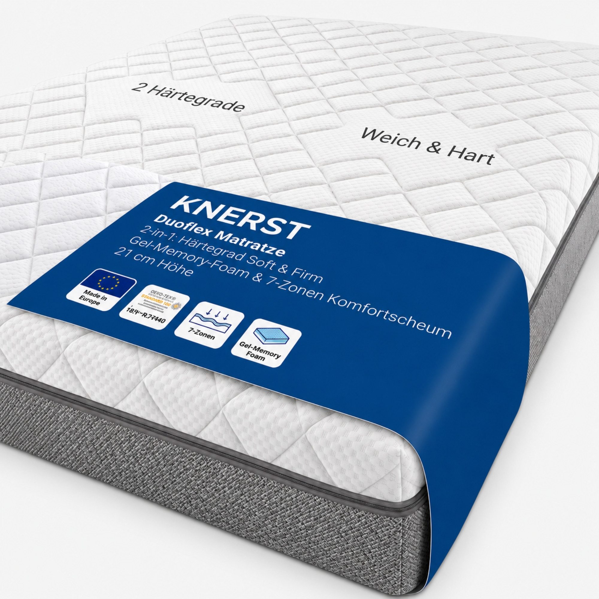Hybridschaum-Matratze 7 Zonen, Gel-Memory Foam, 2 Härtegrade, 2-in-1-Aufbau, KNERST, Mit Rundum-Reißverschluss komplett abnehmbar waschbar bei 60 °C