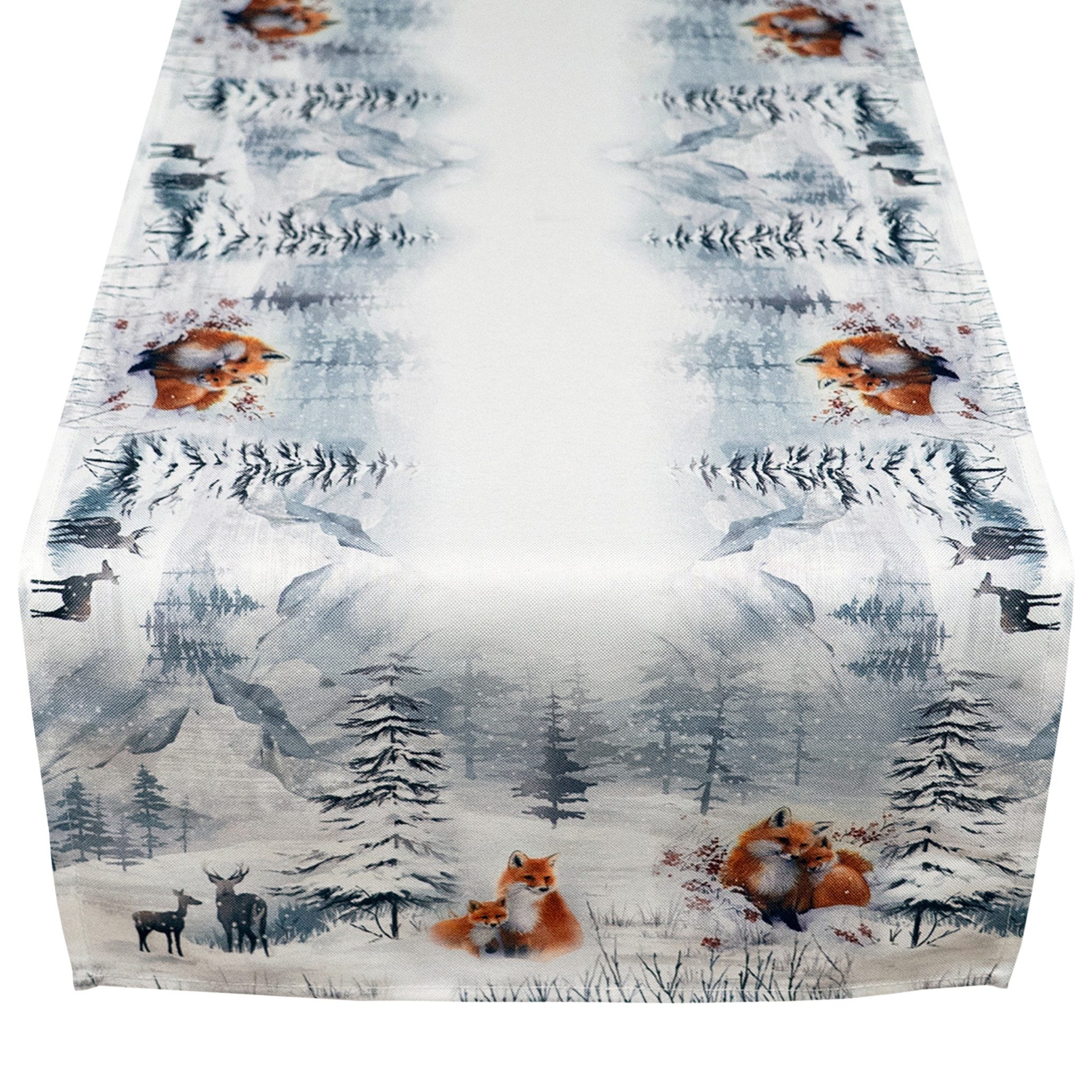 matches21 HOME & HOBBY Tischdecke 40x90 cm Tischläufer Weihnachten Winterwald mit Fuchs und Hirsch (1-tlg), Ideal für Advent und Weihnachtsdeko
