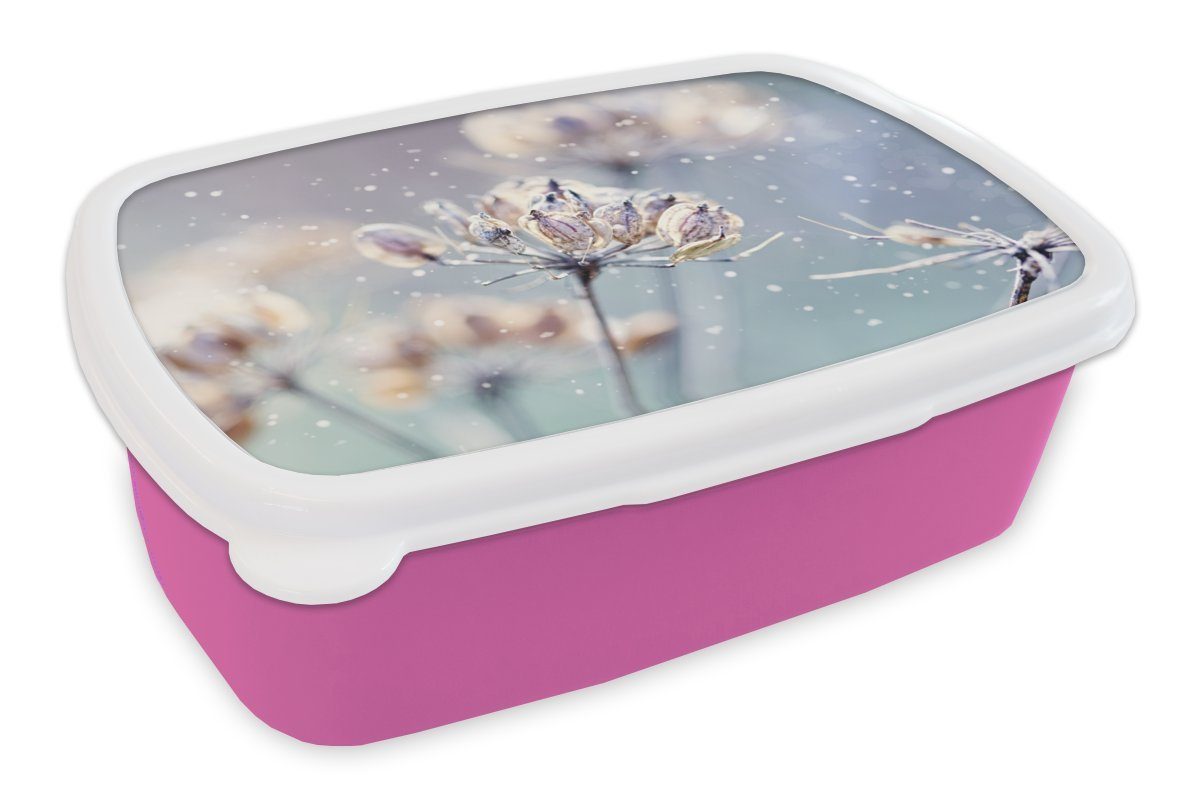 Kinder, - (2-tlg), rosa Brotdose Lunchbox Kunststoff, MuchoWow für Kunststoff Winter - - Erwachsene, Botanisch, Schnee Eis - Snackbox, Brotbox Blumen Mädchen,