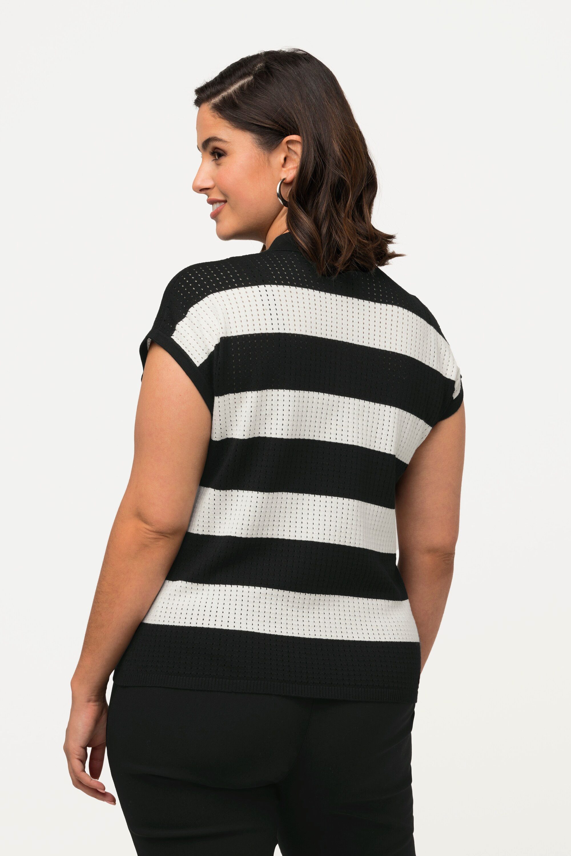 Ulla Popken Strickpullover Pullunder Ajourmuster Streifen Polokragen ärmellos