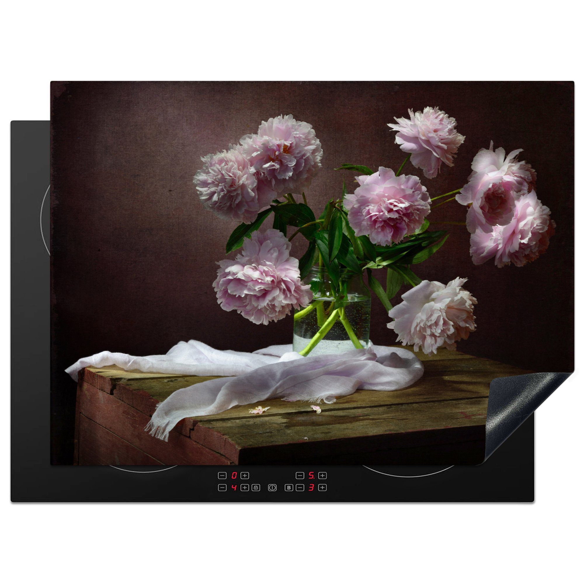MuchoWow Herdblende-/Abdeckplatte Pfingstrosen - Stilleben - Blumen, Vinyl, (1 tlg), 71x52 cm, Induktionskochfeld Schutz für die küche, Ceranfeldabdeckung