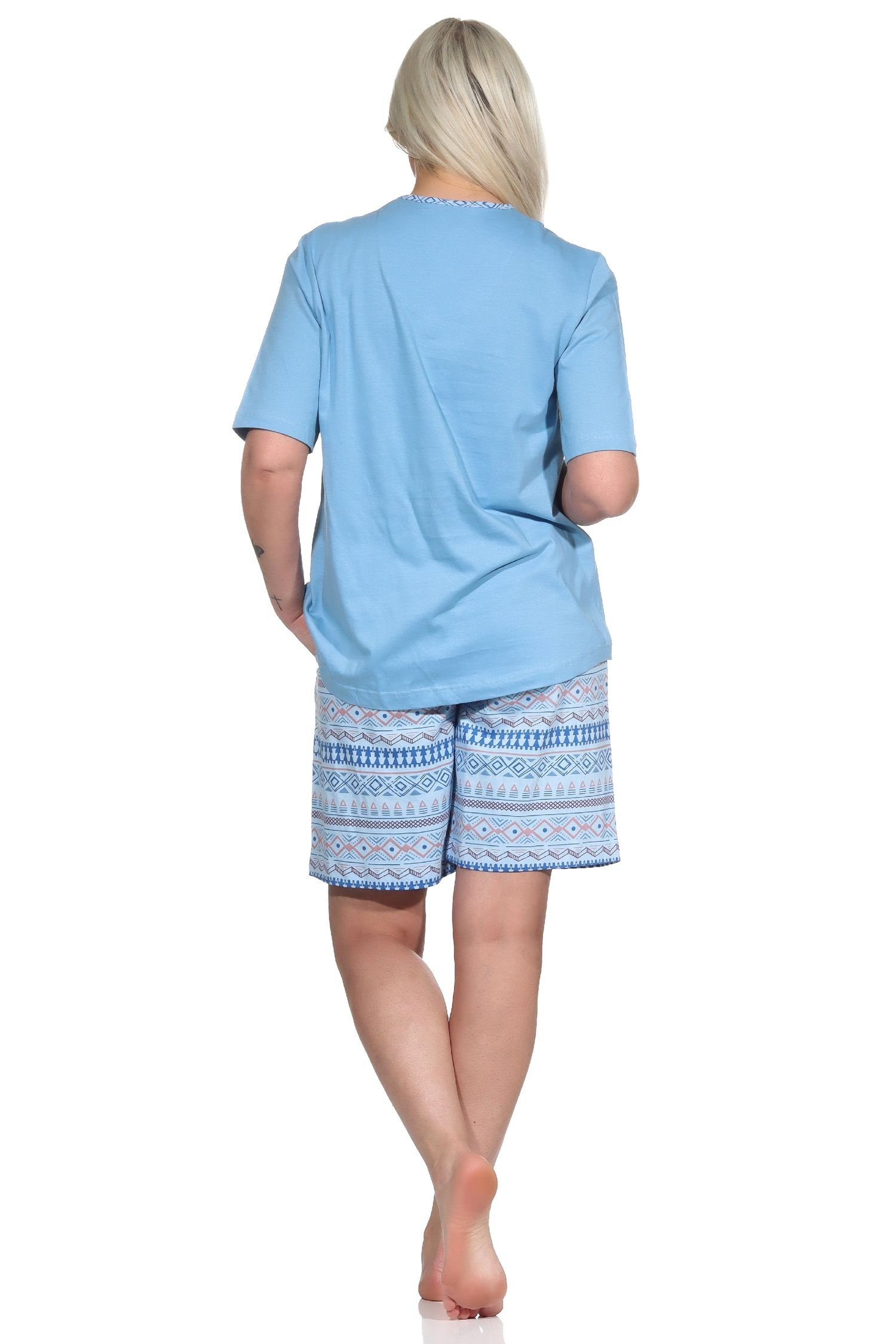 Normann Pyjama Damen kurzarm Shorty hellblau - auch Ethnolook im Schlafanzug Übergrößen in