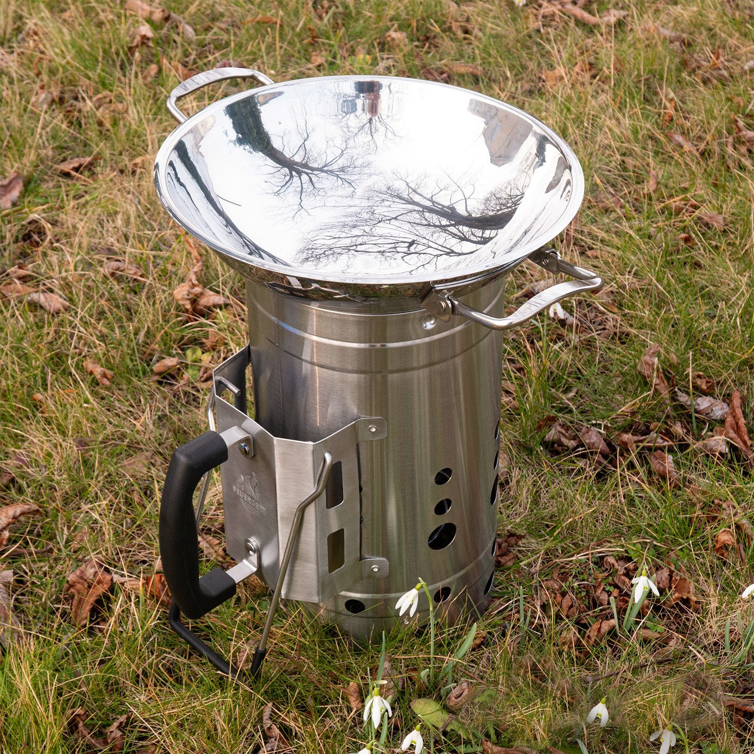 Feuergott Holzkohlegrill Feuergott Wok Set Edelstahl mit Wokring und Anzündkamin