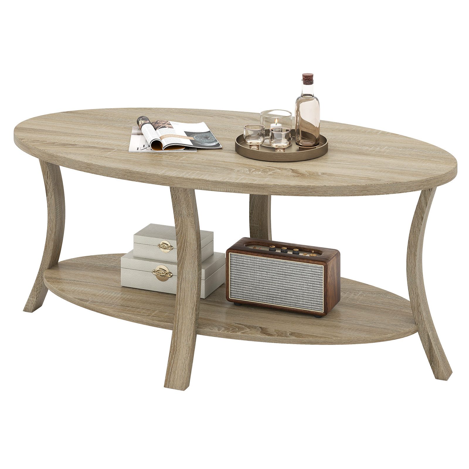 COSTWAY Couchtisch, ovaler Wohnzimmertisch mit Ablage, Holz