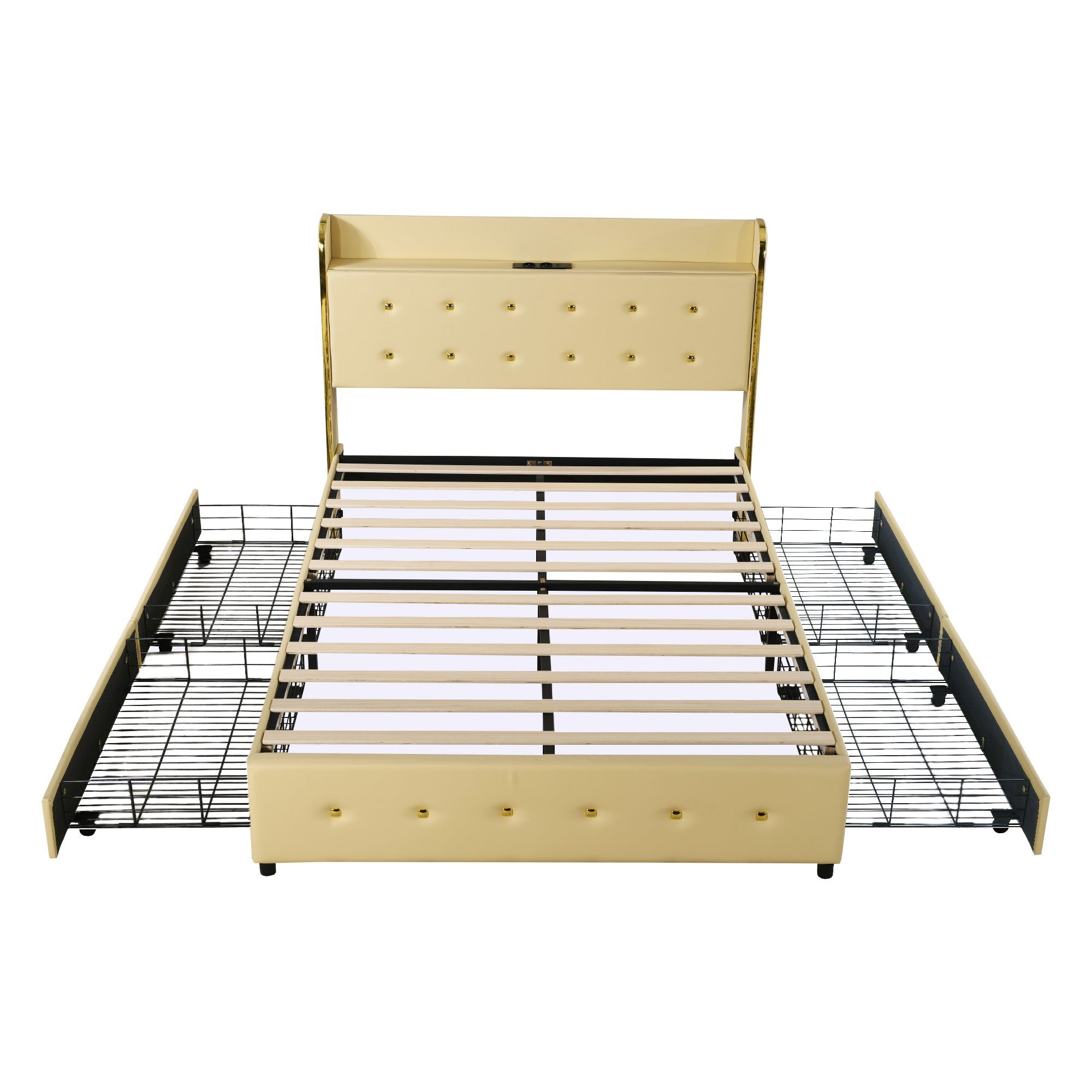 Polsterbett (Stauraumbett, Doppelbett), mit USB Typ C Ladefunktion und 4 Schubladen, Kunstleder, 140x200cm