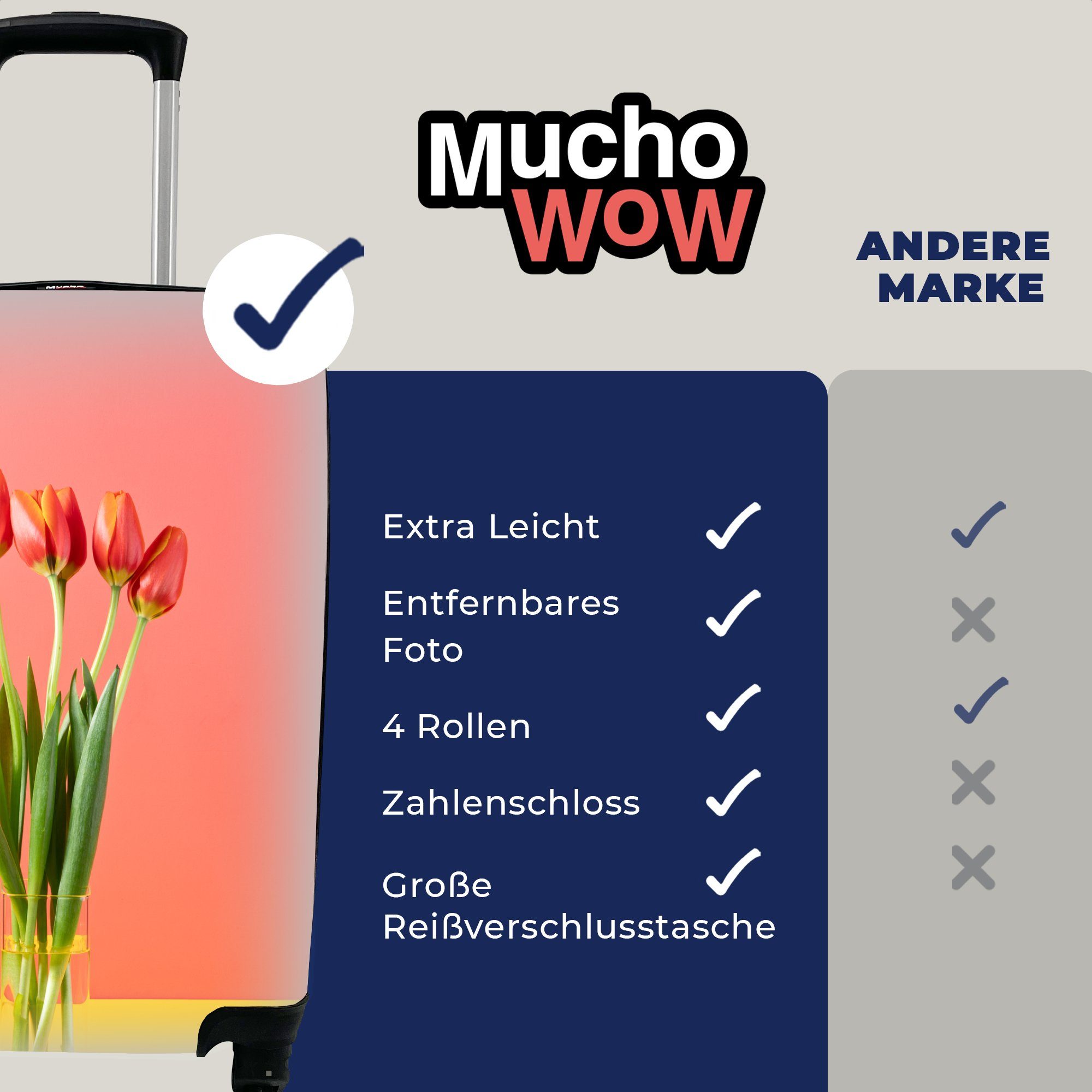 MuchoWow Handgepäckkoffer Tulpenvase - Rot, Handgepäck Reisetasche Rollen, für Reisekoffer Ferien, Trolley, 4 rollen, mit