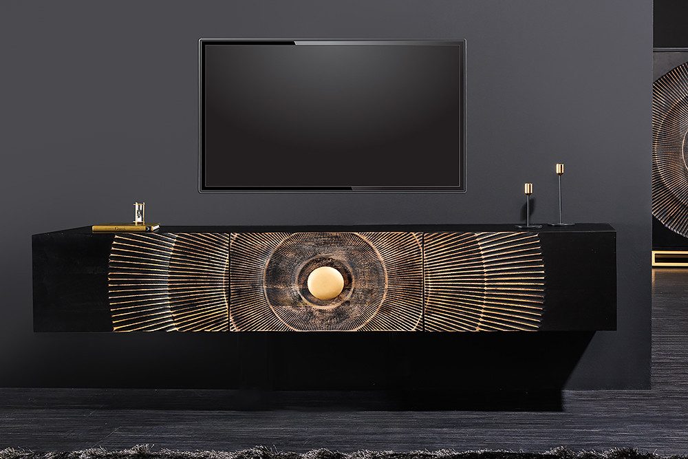 riess-ambiente Lowboard GOLDEN SUNSET 160cm schwarz / gold (Einzelartikel, 1 St), Massivholz · 3D Front · hängend · handmade · TV-Schrank · Design