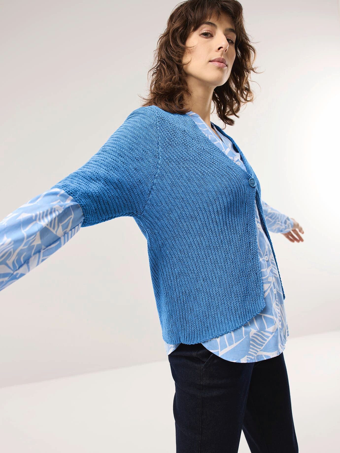 Walbusch Strickweste Damen Bändchengarn Strickweste V-Ausschnitt Atmungsaktiver Baumwollmix, Rippenstruktur, modischer 1‑Knopf