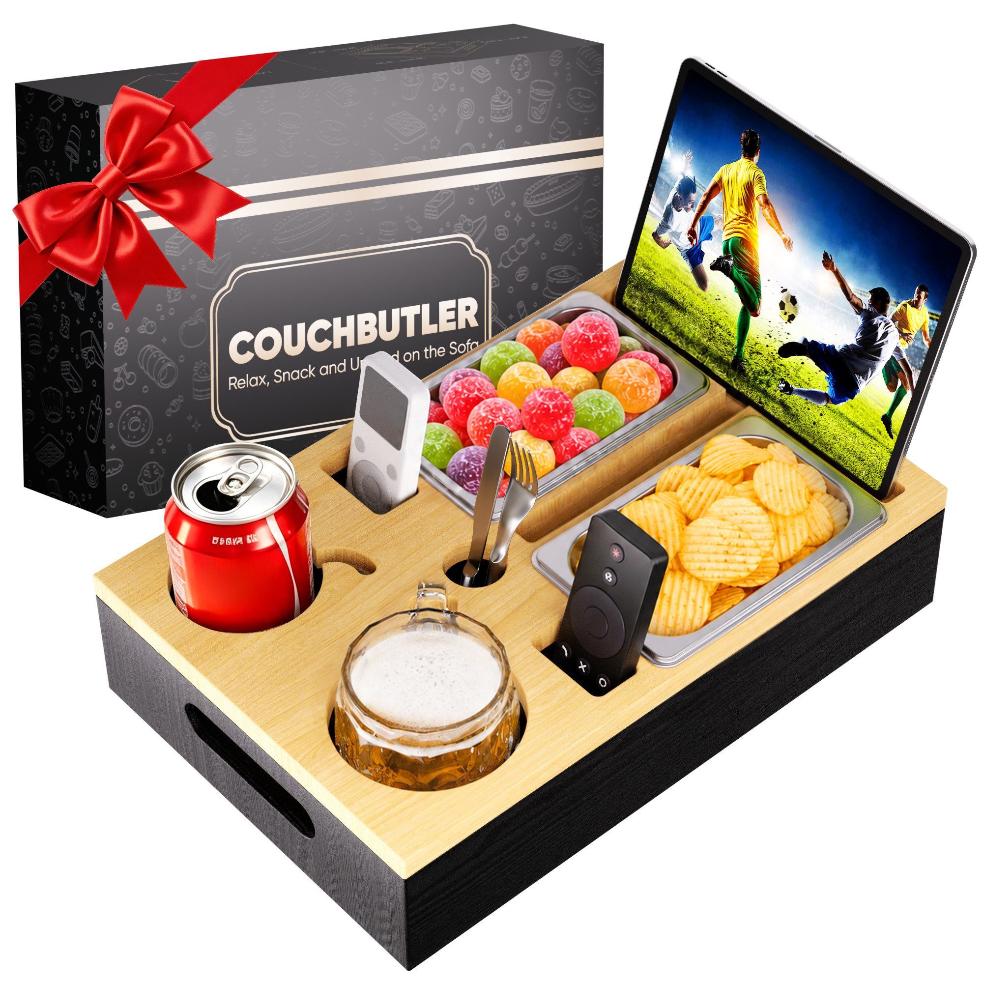 Elegear Servierplatte Sofatablett aus Bambus, 2-in-1 abnehmbare Couchbar Snackbox, Couchtisch, (1-tlg), mit 2 Snackschalen, Getränkehalter, …