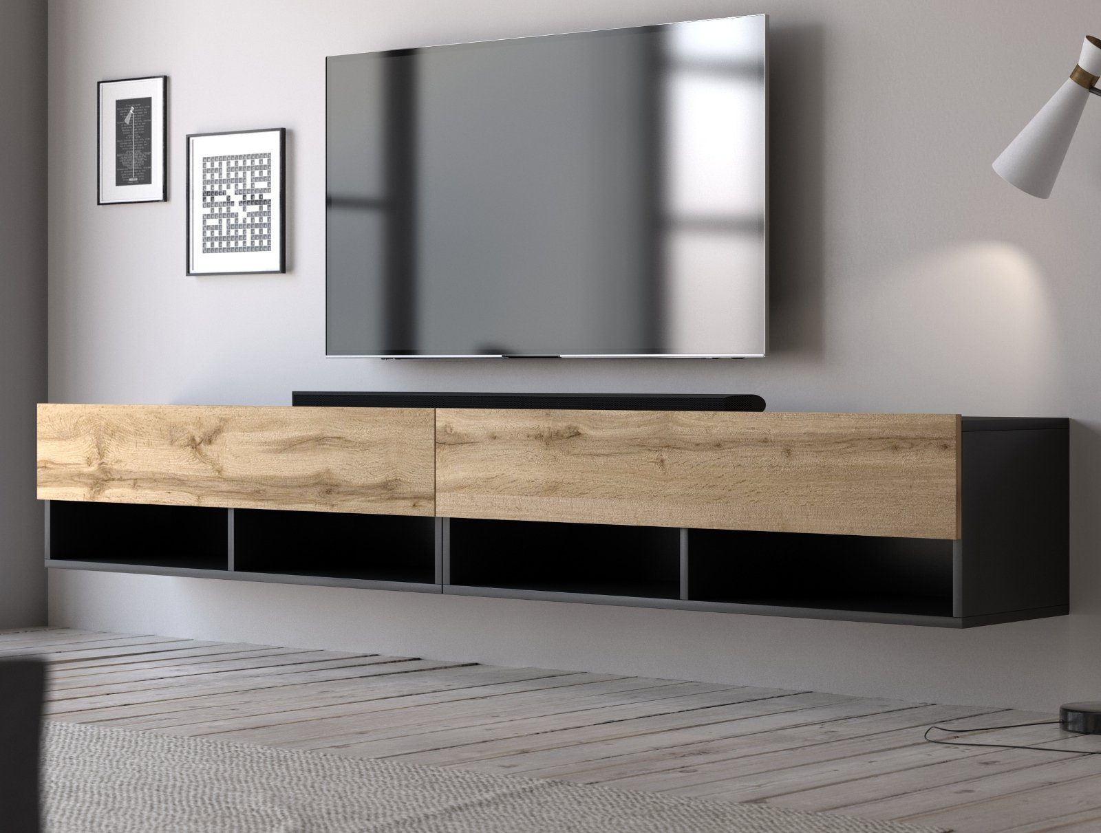 GuenstigEinrichten Lowboard Epsom (Flat-TV Board in Used Wood oder Wotan Eiche), Breite 200 cm