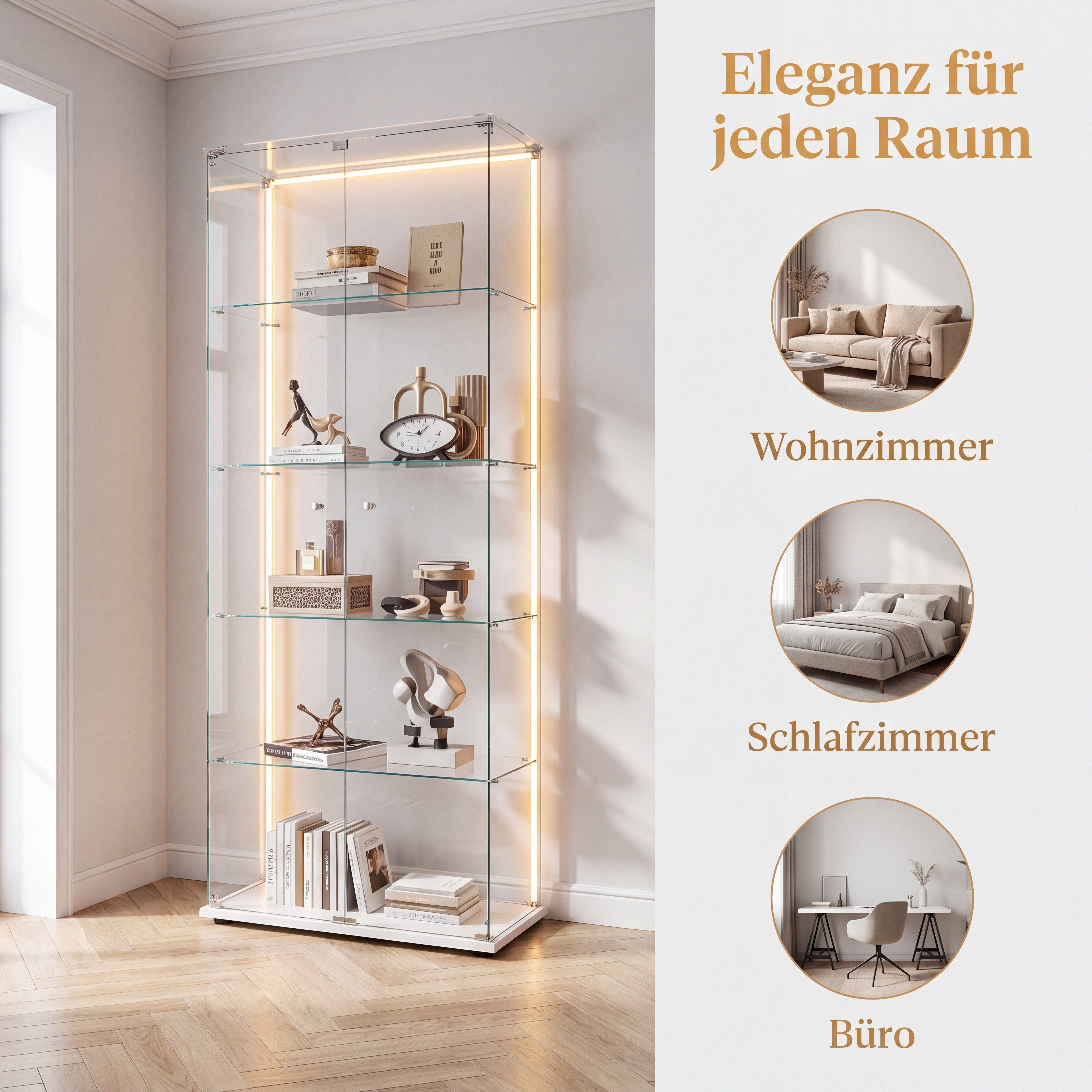 Simurq Glasvitrine Standvitrinen mit LED Beleuchtung Vitrinenschrank mit Glastür Sammlervitrine aus gehärtetes Glas,Modernes rahmenloses Design – Bild 3 von 5