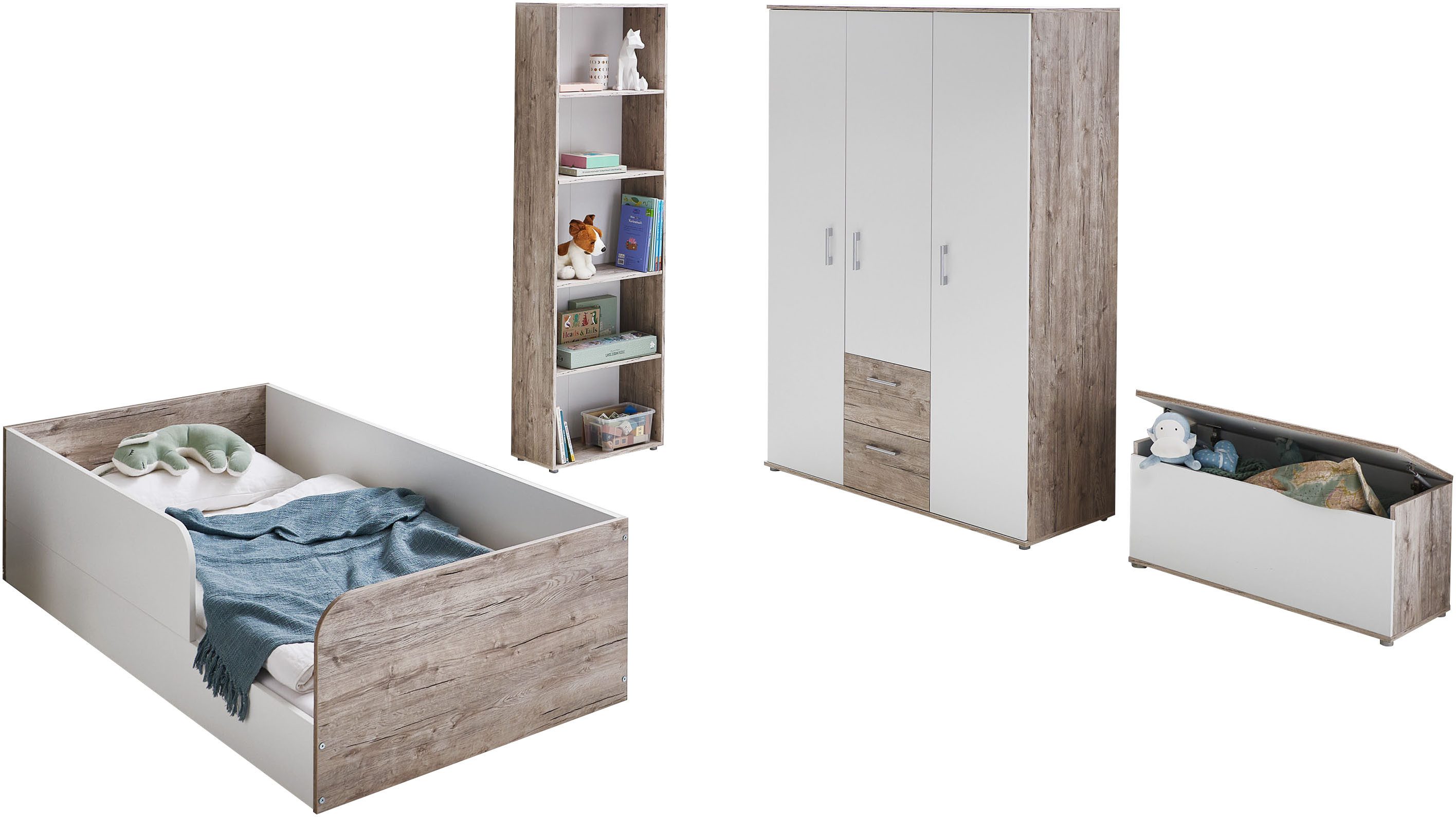 OTTO home Jugendzimmer-Set Kinderzimmer-Set »Rieke« 4-teilig, (Spar-Set, 4-tlg., Bodenbett, Kleiderschrank 3 Türen, Standregal, Truhe), Farblich abgestimmte Möbelserie