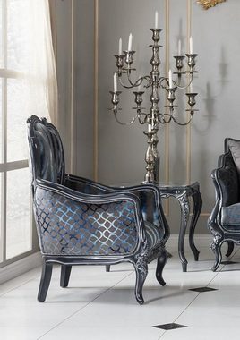 Casa Padrino Sessel Luxus Barock Wohnzimmer Sessel Grau / Blau / Grau 80 x 80 x H. 116 cm - Edler Massivholz Sessel mit Streifen - Barockstil Wohnzimmer Möbel