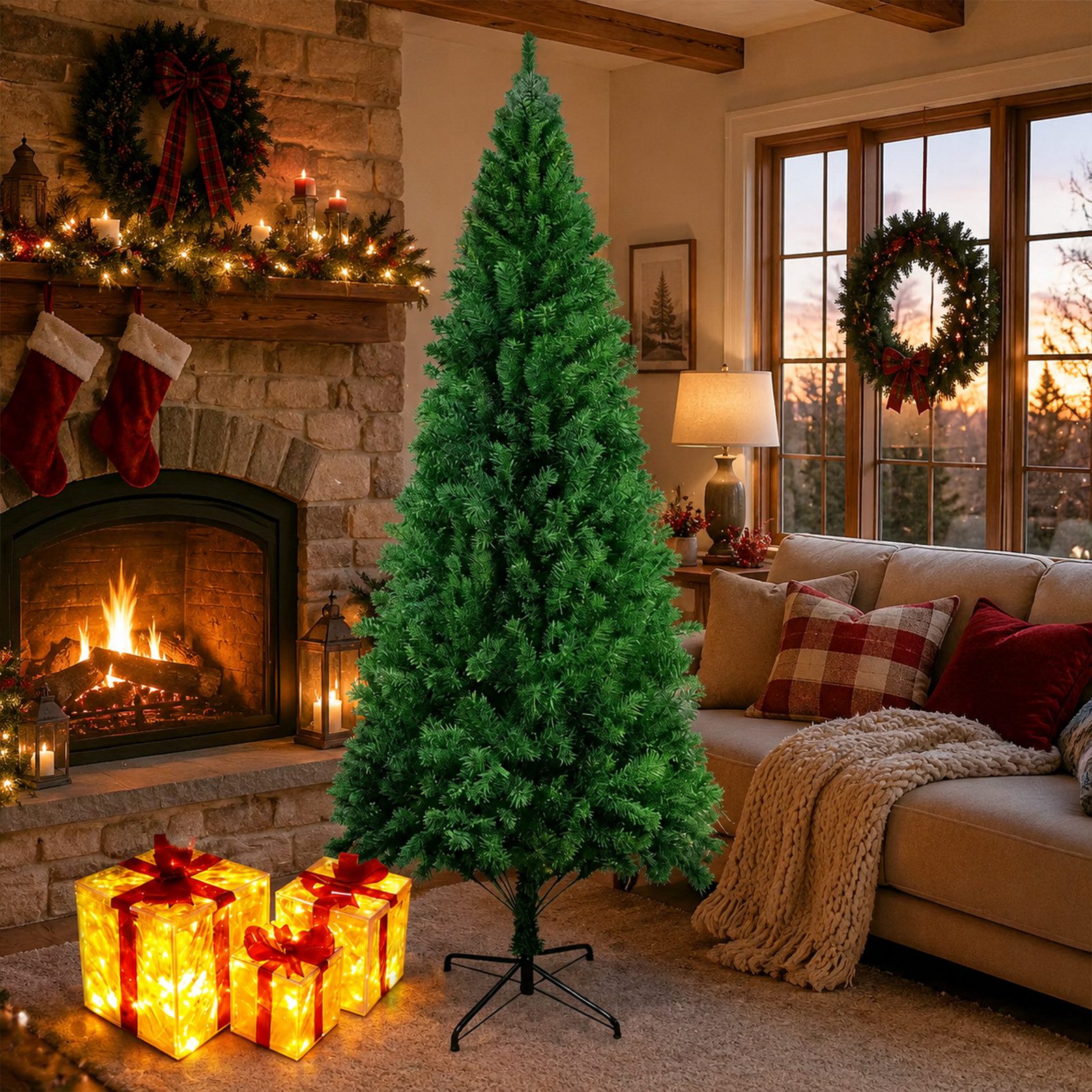 Ledklang Künstlicher Weihnachtsbaum 210 cm grüner Tannenbaum aus PVC stabilem Metallständer, für Weihnachtsdekorationen in Innen und Außenbereichen