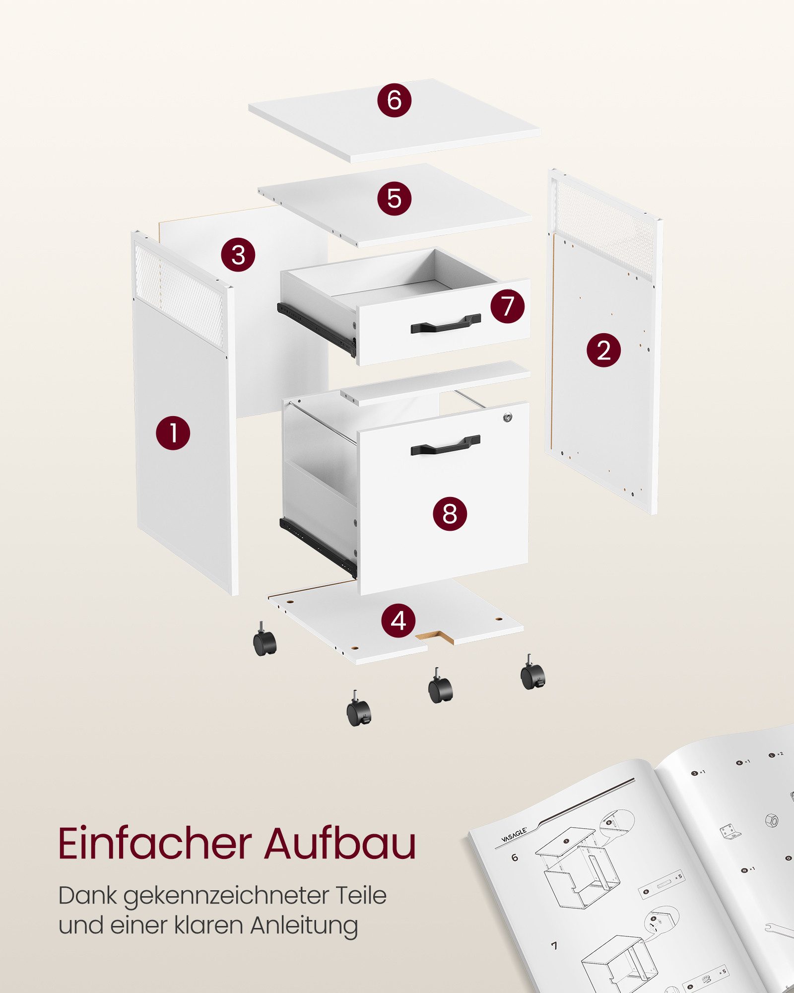 VASAGLE Aktenschrank Rollcontainer, Büroschrank mit Schubladen, rollen