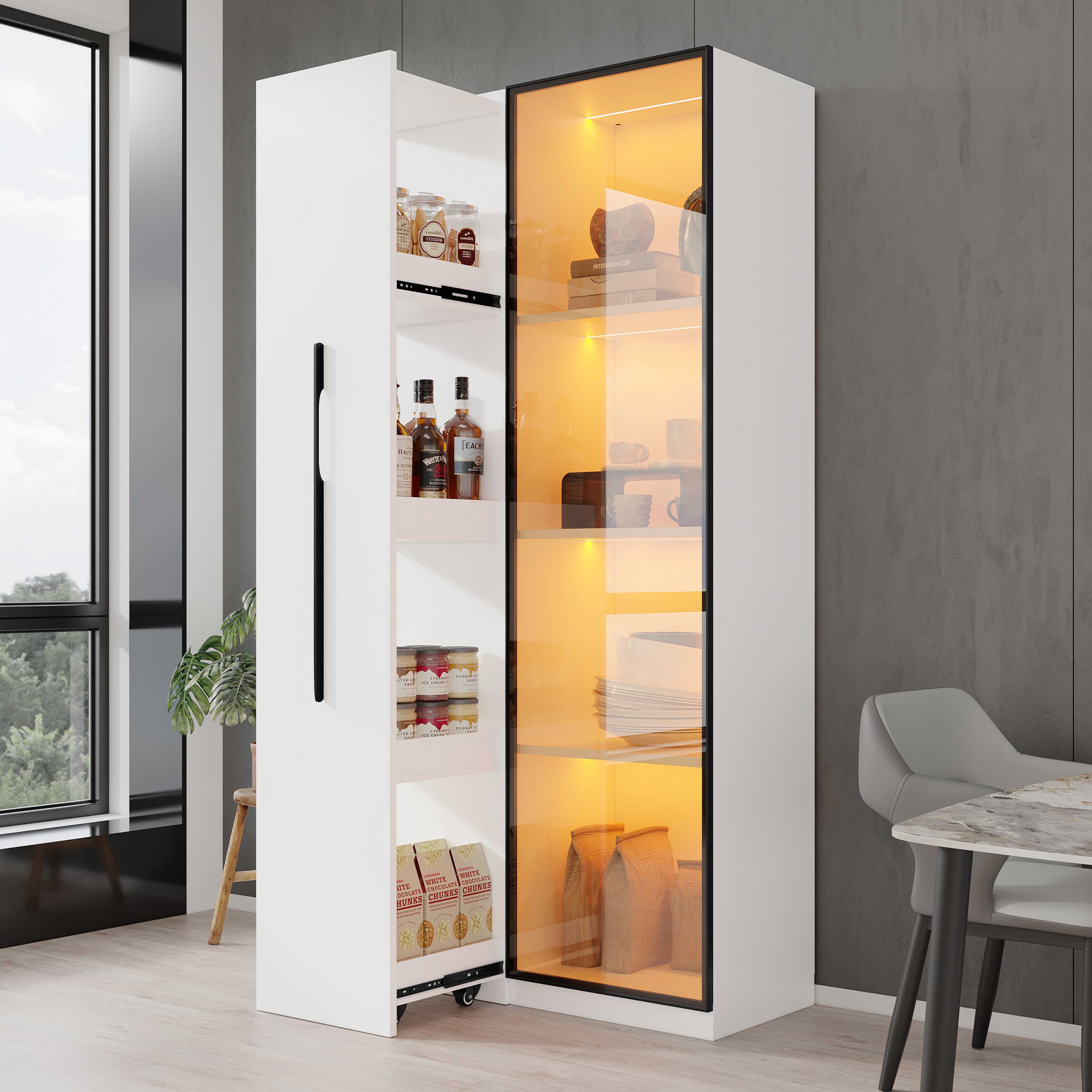 BlingBin Stauraumvitrine LED-Vitrine Multifunktionsschrank (1-St., mit warmgelben Aluminium-Lichtleisten, Soft-Close-Scharniere) Soft-Close-Scharniere, mehrfarbiger Beleuchtung & Kippschutz