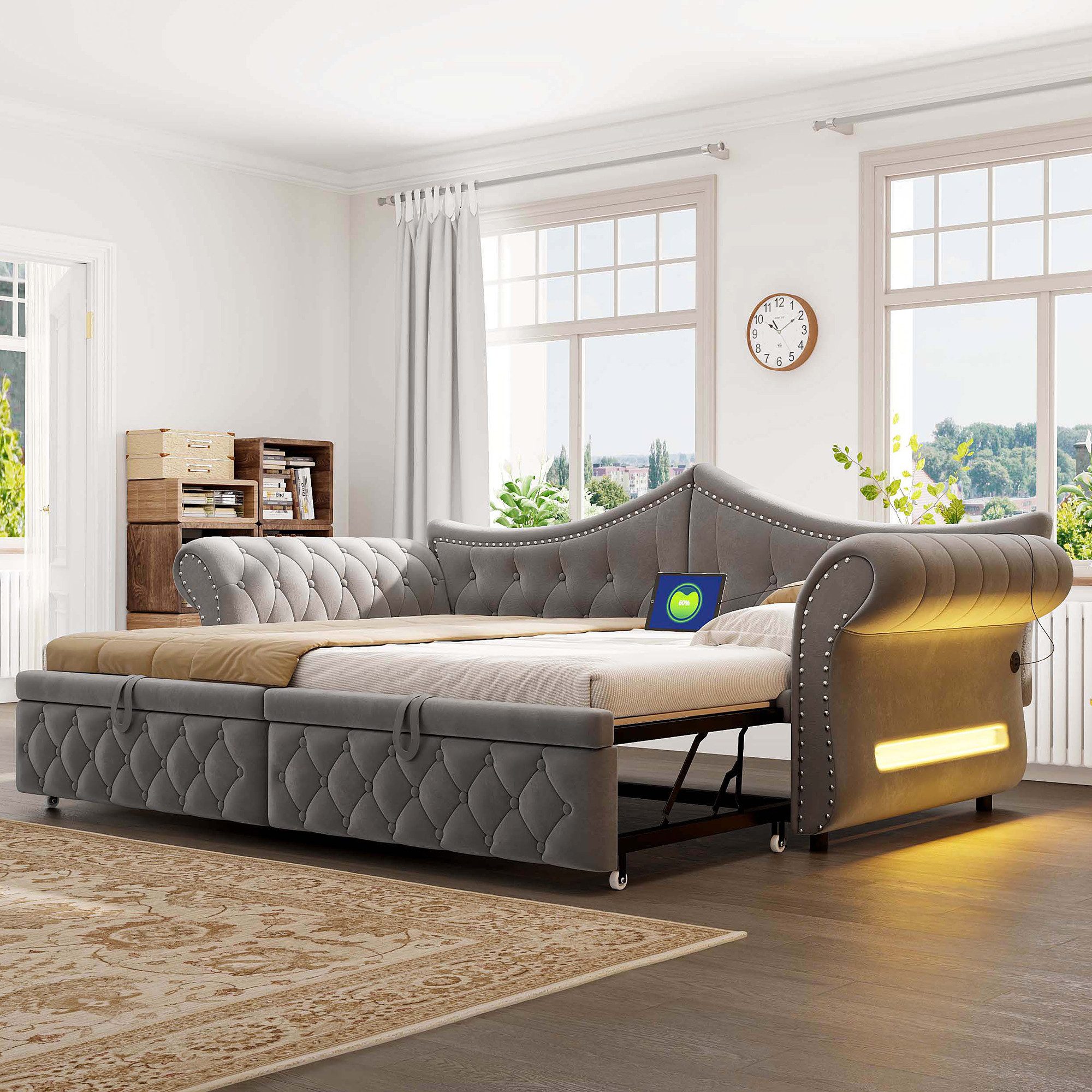 Merax Daybett 90x 200cm/180x200cm mit LED-Beleuchtung & USB-Ladeanschluss, Samt (Jugendbett Doppelbett Sofabett Polsterbett, 1 tlg), Tagesbett mit ausziehbarer  – Bild 4 von 5