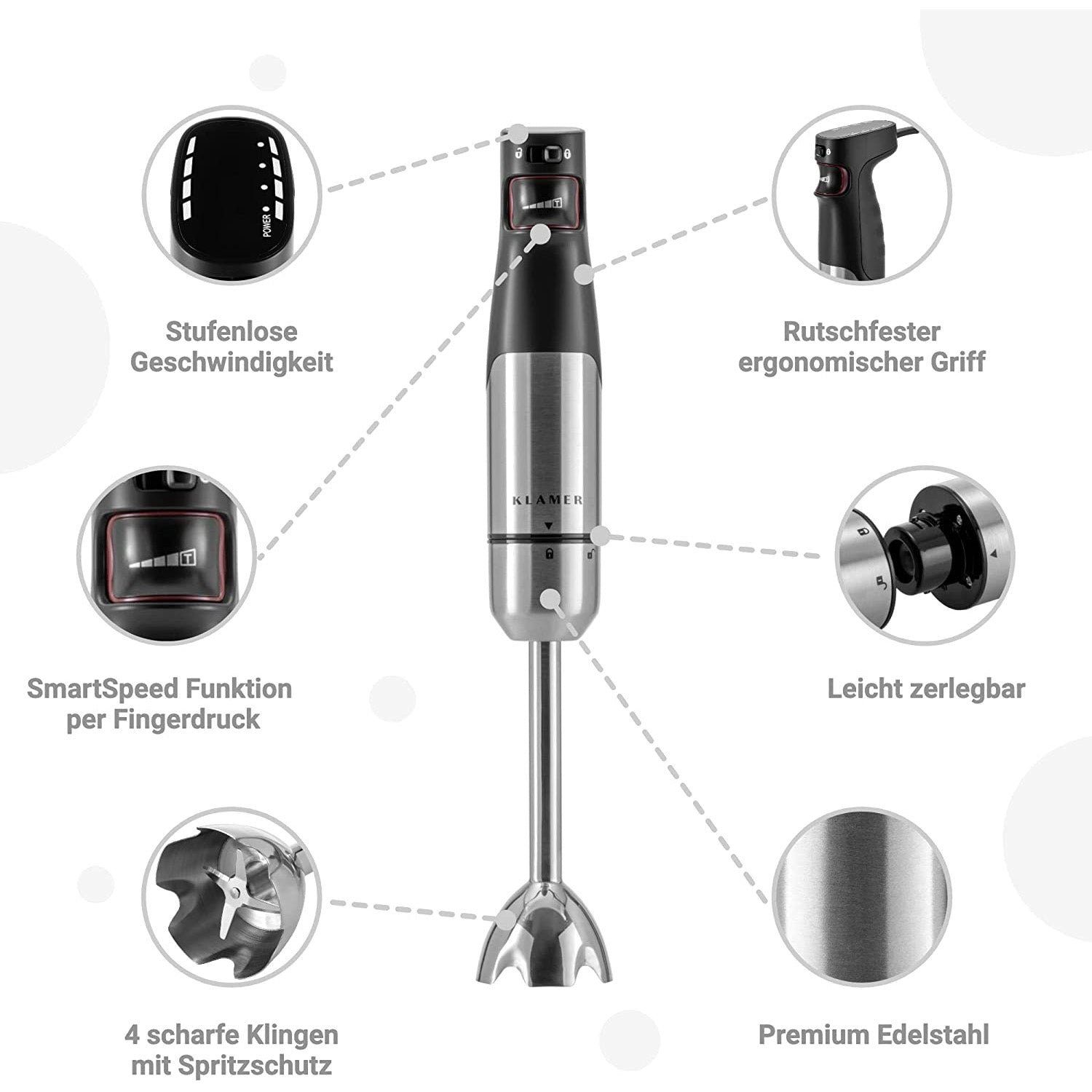 KLAMER Stabmixer Set 1000 Watt, 4 in 1 Pürierstab Edelstahl mit SmartSpeed per Fingerd…, 1000 W, Kindersicher, stufenlos regelbar, Quick-Lock-Turn-System, 4 Klingen