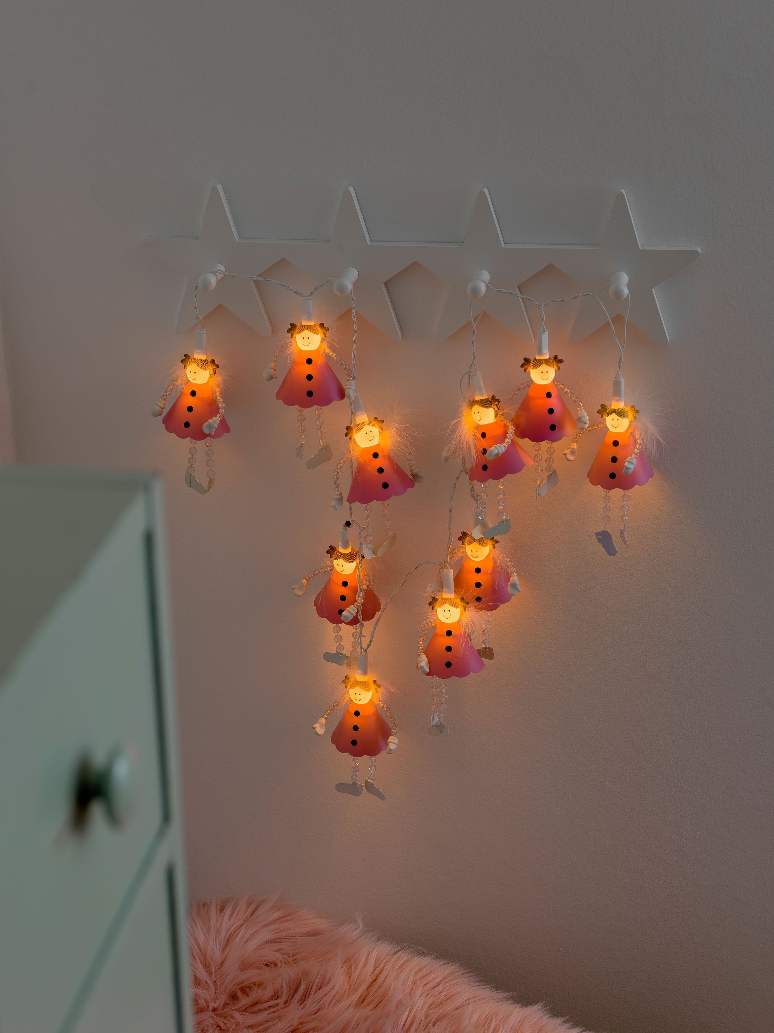 KONSTSMIDE LED-Lichterkette Weihnachtsdeko, 10-flammig, weiße LED Dioden Engel, Pinke Schalter, Dekolichter, warm an/aus 10