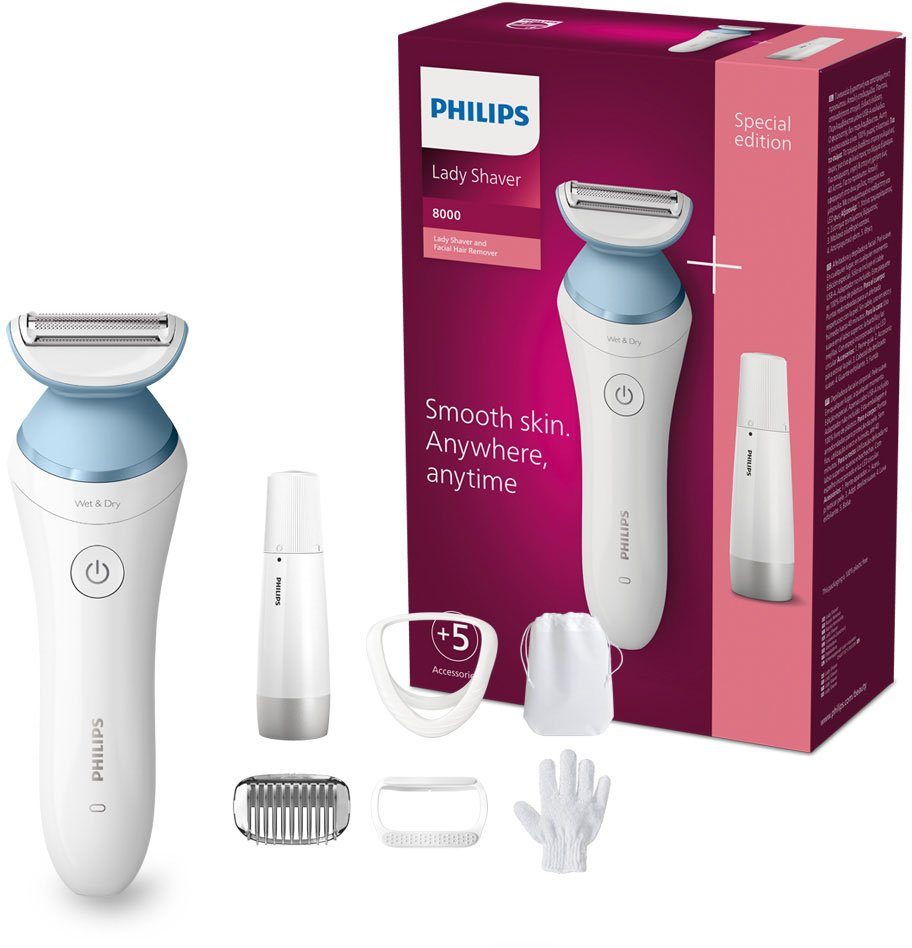 Philips Elektrokörperrasierer SatinShave Advanced Series 8000 BRL166/91, Aufsätze: 3, nass oder trocken, inkl. Gesichtshaartrimmer, Handschuh, Tasche
