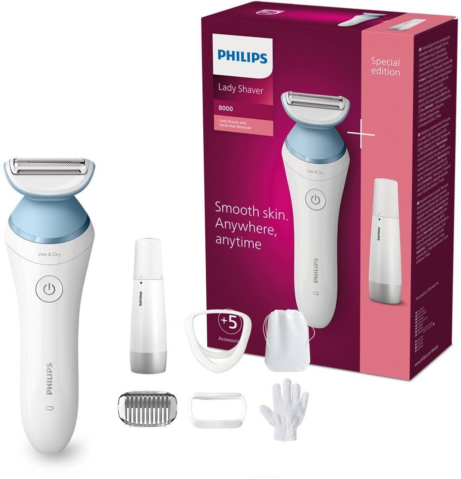 Philips Elektrokörperrasierer SatinShave Advanced BRL166/91, nass Handschuh, Tasche Aufsätze: trocken, 3, inkl. Gesichtshaartrimmer, oder