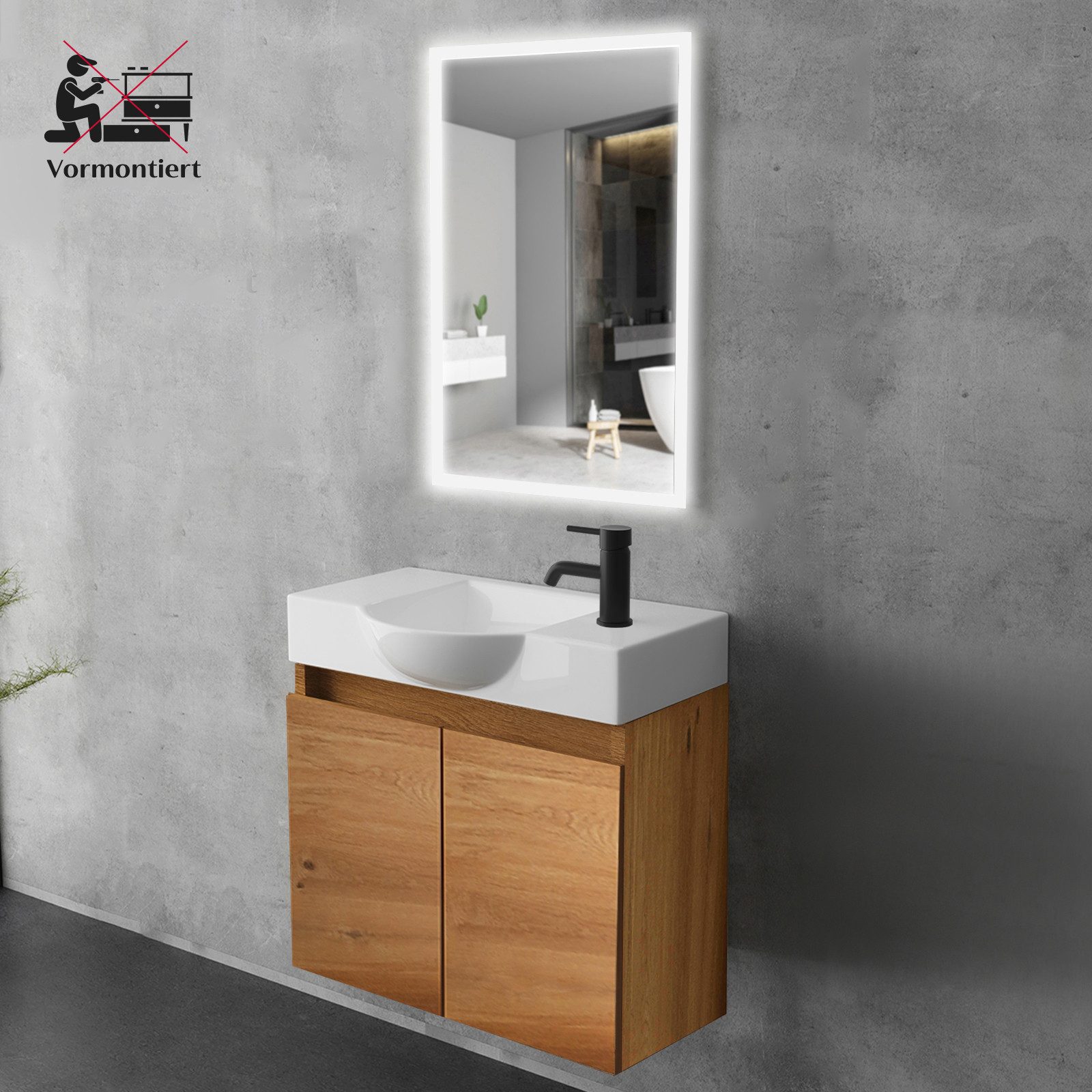 Alpenberger Badmöbel-Set Gäste WC Waschbecken mit Unterschrank 55 cm Breit, (Badezimmerschrank Klein, Moderner Waschplatz Braun), Waschbeckenunterschrank mit Softclose Funktion