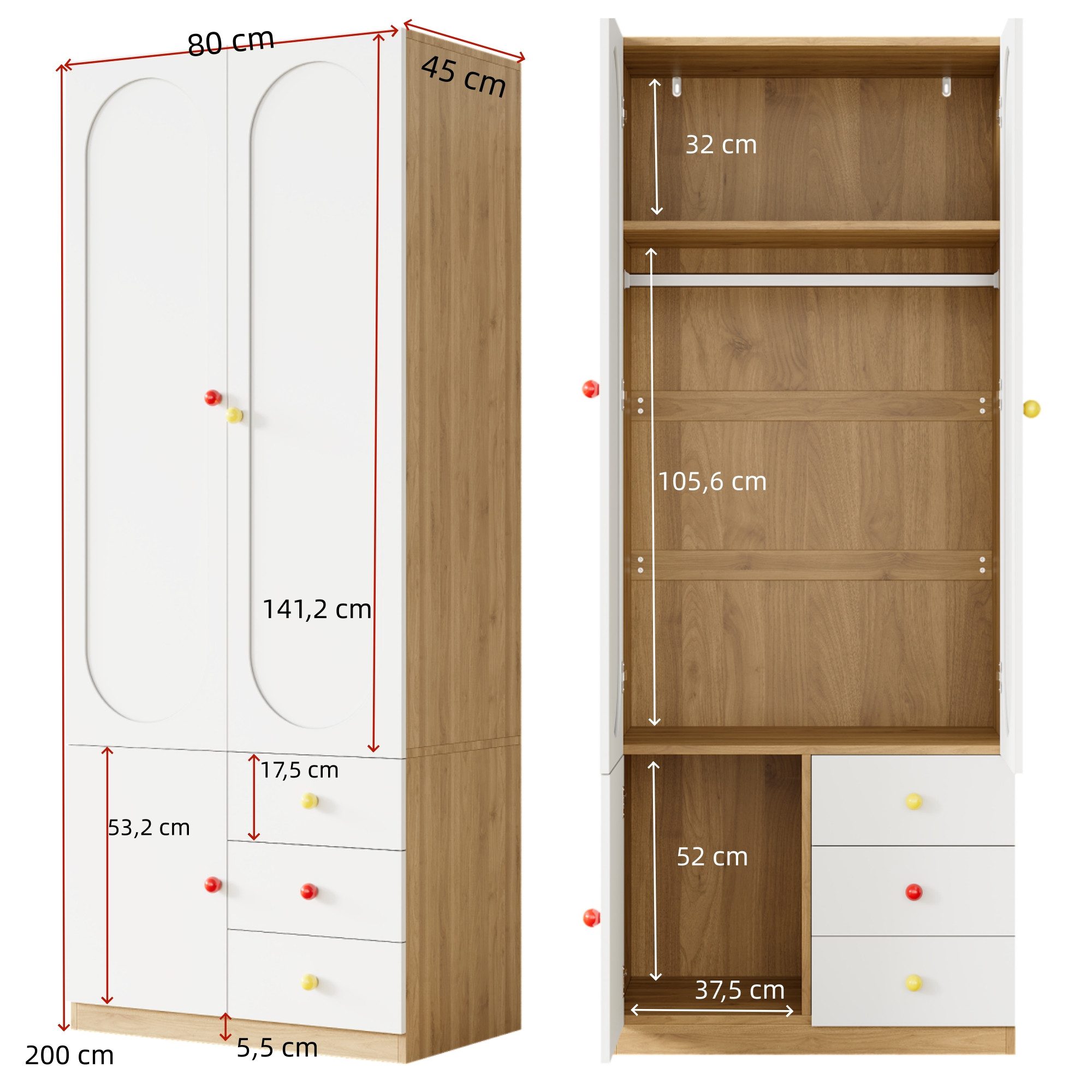 Merax Kinderkleiderschrank Kinder-Kleiderschrank, 3-türiger Kleiderschrank (1-St., mit 3 Schubladen) Kinderzimmer, Kinderzimmermöbel, Kleiderstange, Bunte Keram – Bild 4 von 5