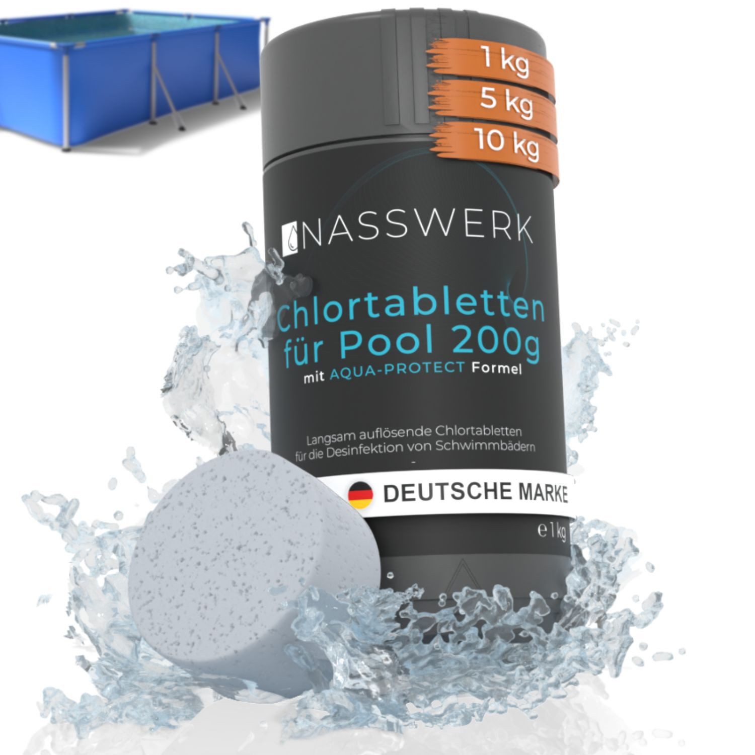 Nasswerk® Chlortabletten Chlortabletten für Pool & Whirlpool – 5g, 20g oder 200g Tabs, 200g Chlortabletten 1kg – langsam löslich für große Pools