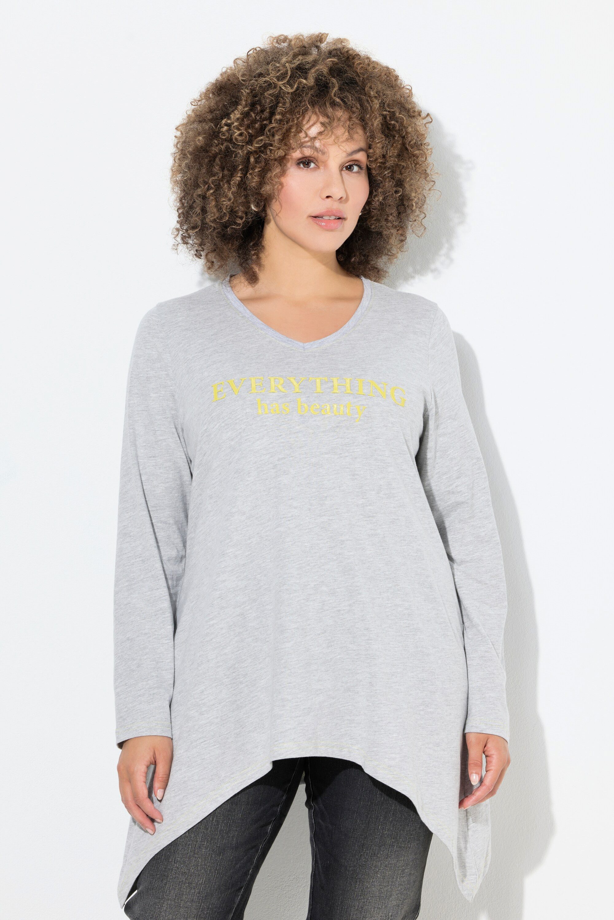 Ulla Popken T-Shirt Shirt Schriftmotiv A-Linie V-Ausschnitt Langarm günstig online kaufen