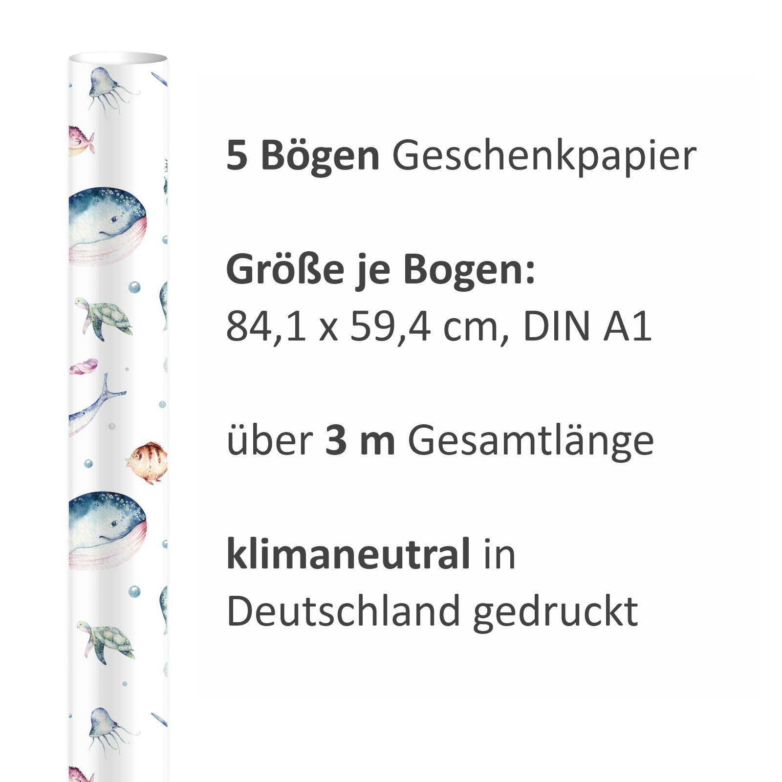 nikima Packpapier Meerestiere bunt Aquarell Geschenkpapier, 5 Bögen