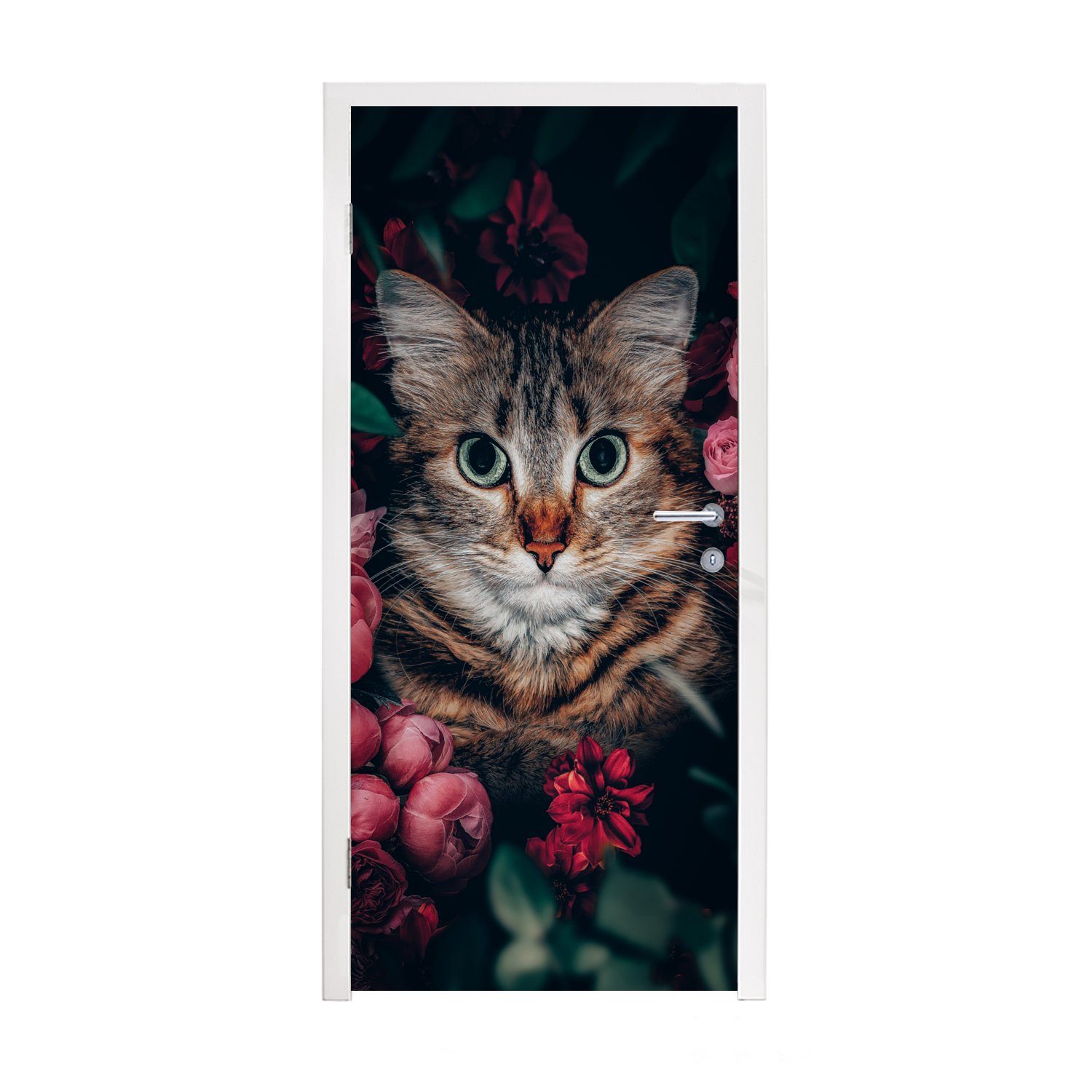 Tiere Matt, St), - Türtapete MuchoWow Katze Fototapete Blumen cm - - für (1 Tür, Türaufkleber, bedruckt, 75x205 Botanisch,