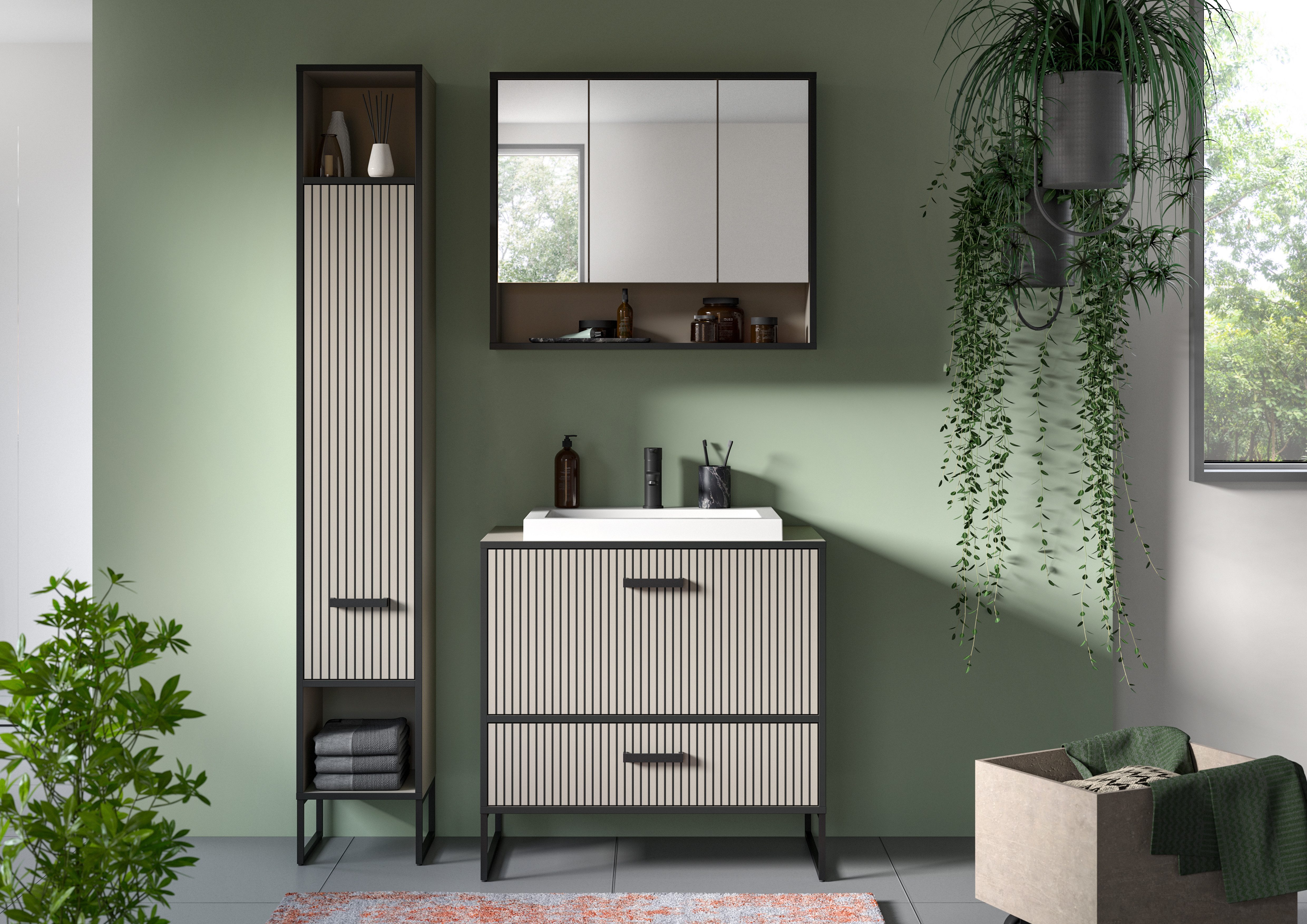 welltime Badmöbel-Set Locri, Breite 125 cm, Rillenoptik, Metallkufen, (3-St), best. aus: Hochschrank, Spiegelschrank, Waschtisch