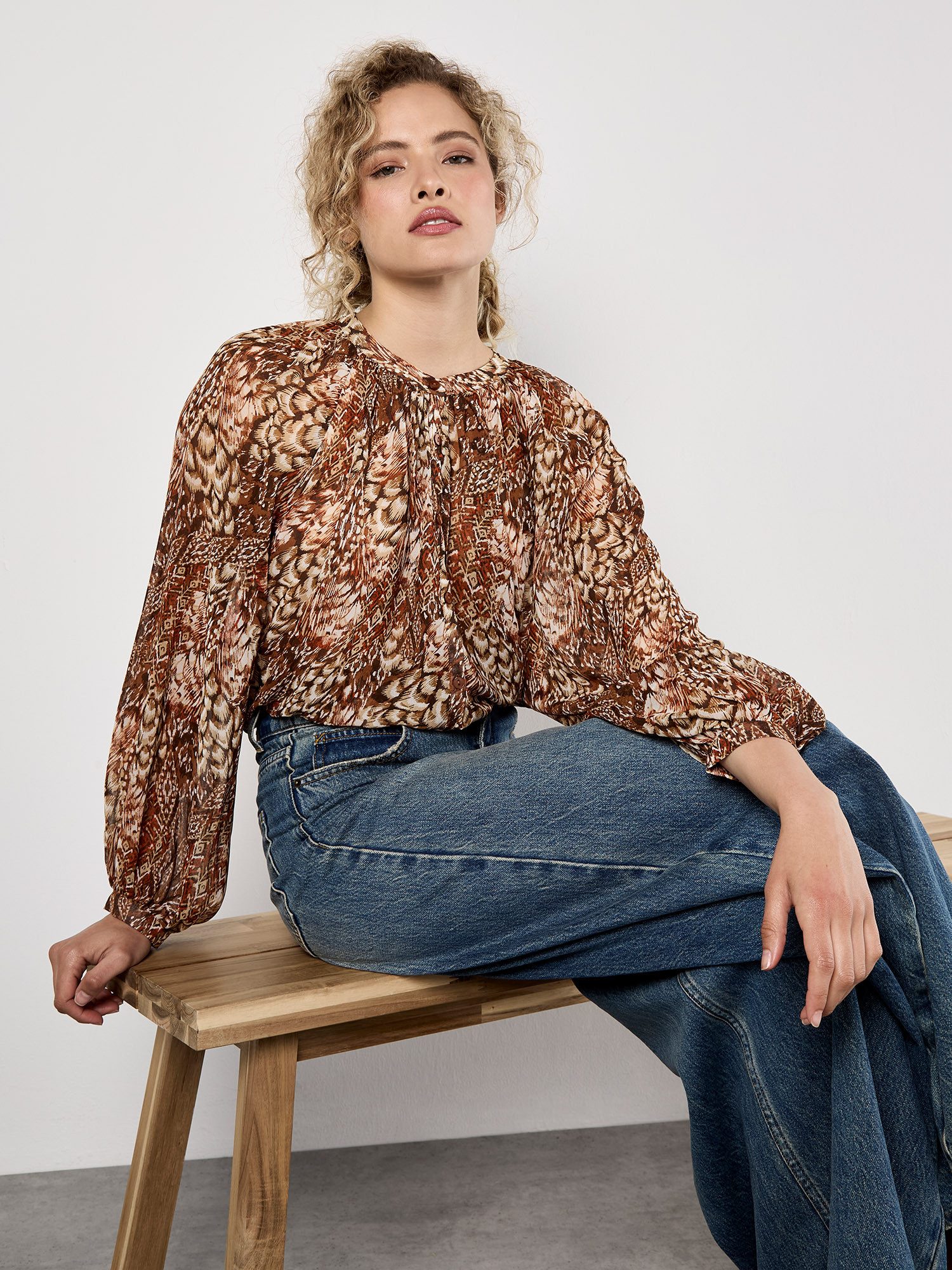 Apricot Chiffonbluse Chiffon-Top mit Patchwork-Druck günstig online kaufen