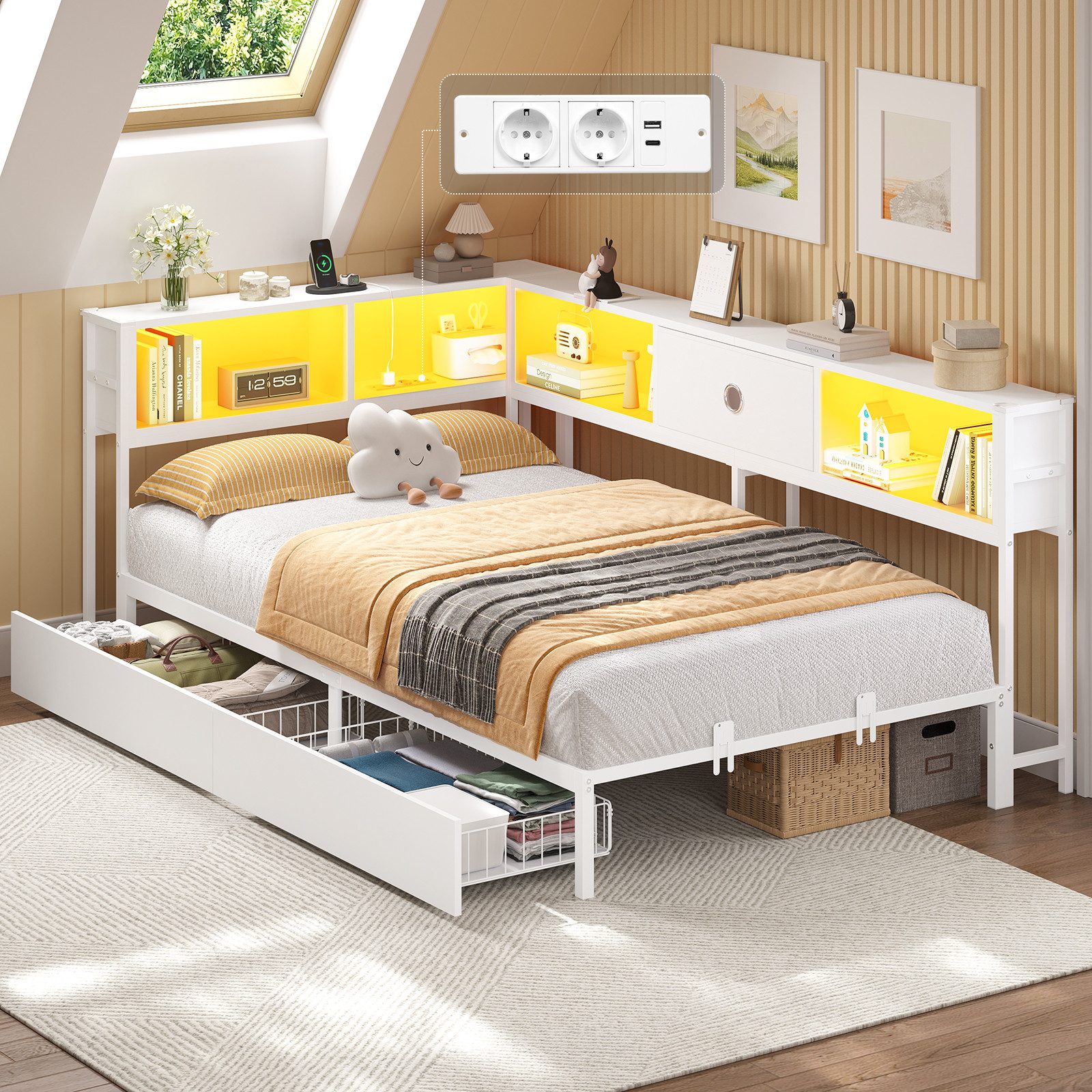 MSMASK Daybett L-Form Schlafsofa mit LED-Beleuchtung und Steckdose, Kinderbett (1 tlg), Jugendbett mit Metallrost, 90x190cm, Weiß – Bild 5 von 5