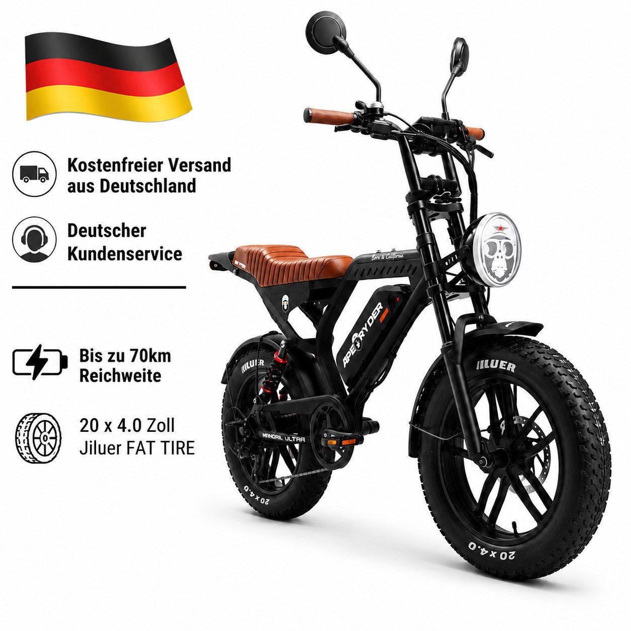 APE RYDER E-Bike Mountainbike 20 Zoll Fatbike 48V 15Ah Akku, bis 80 km, Shimano 7-Gang, hydraulisch, 7 Gang, Heckmotor, 720 Wh, (Packung)