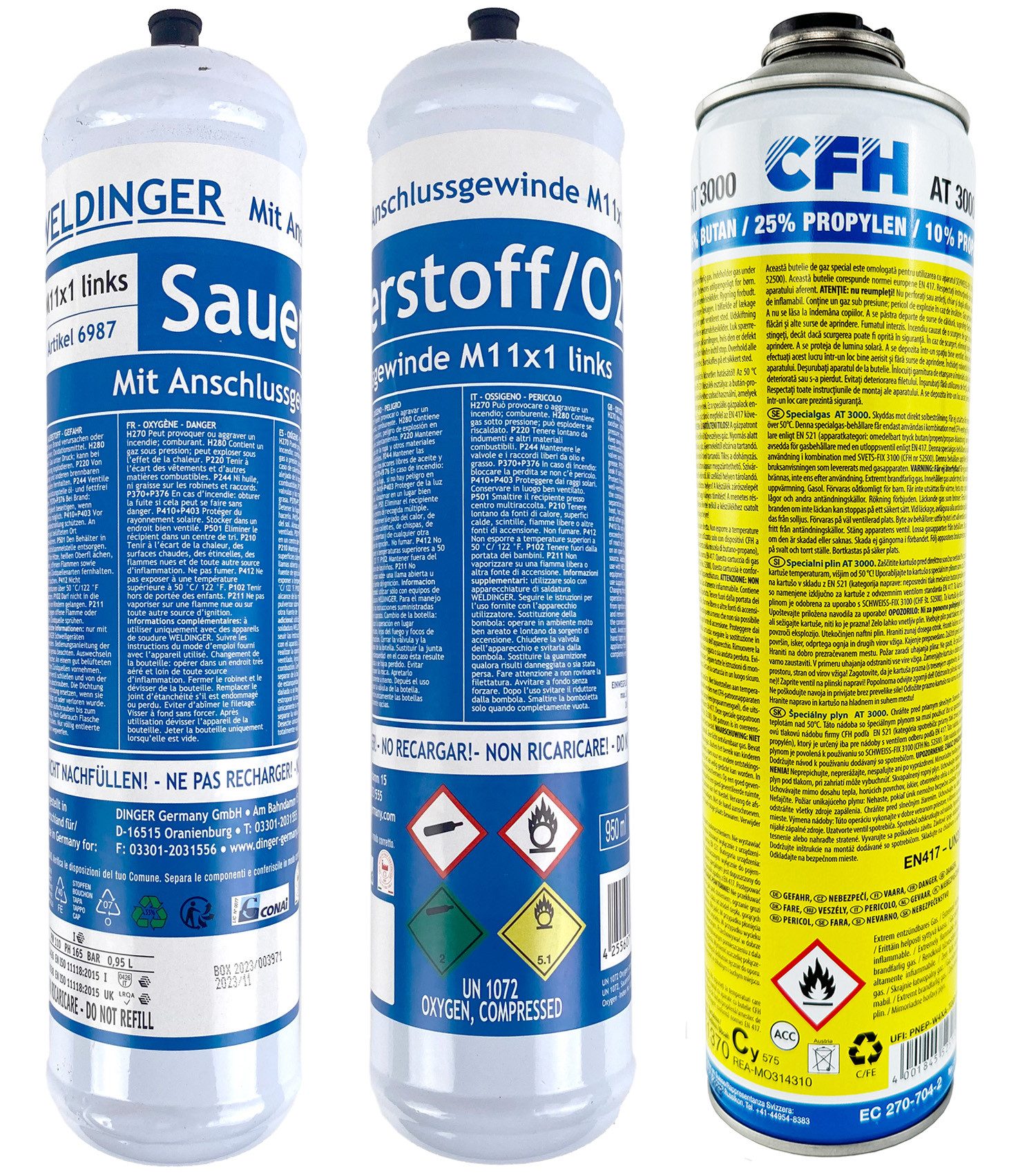 WELDINGER Gas Set 2x Sauerstoff Einwegflaschen 1x Brenngas AT3000 für CFH Schweißfix