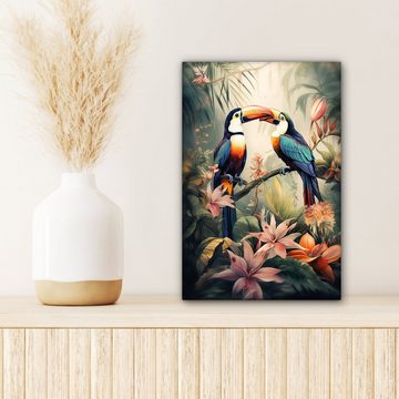 OneMillionCanvasses® Leinwandbild Tukan - Vögel - Blumen - Natur - Dschungel, (1 St), Leinwandbild fertig bespannt inkl. Zackenaufhänger, Gemälde, 20x30 cm