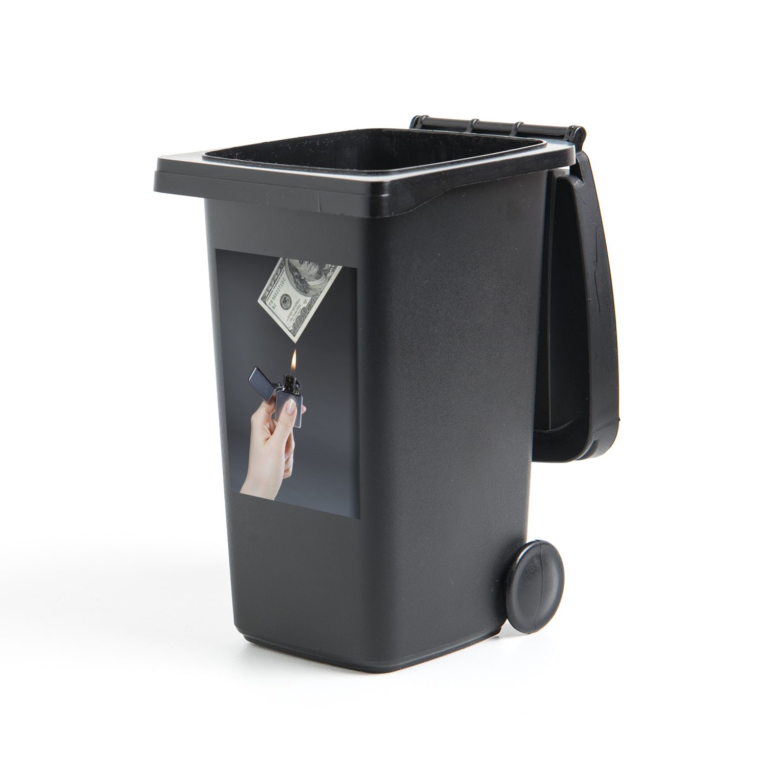 St), Sticker, MuchoWow Feuerzeug einem Wandsticker Container, Mülltonne, mit (1 Geld Mülleimer-aufkleber, Abfalbehälter