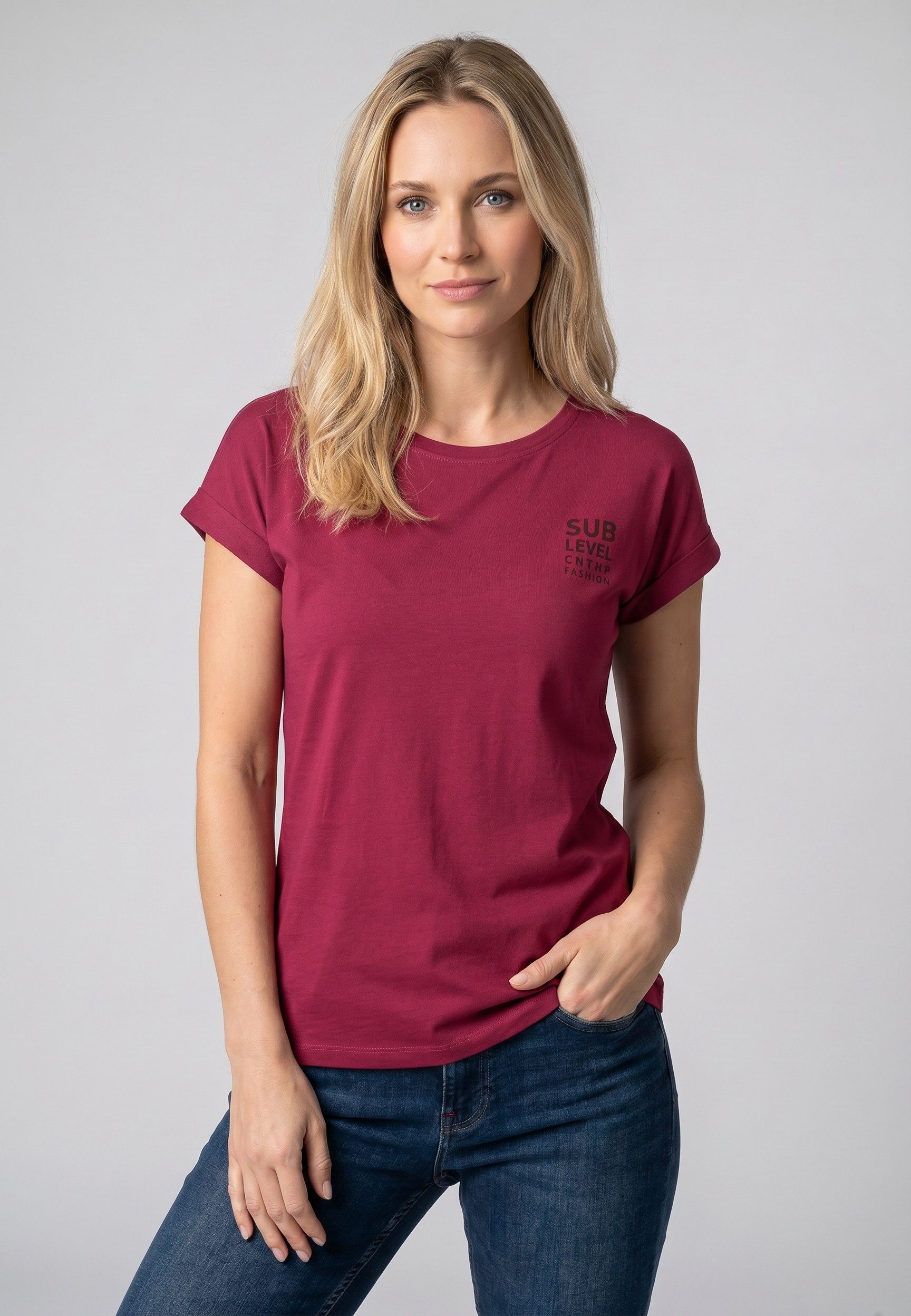 SUBLEVEL T-Shirt Damen Basic T-Shirt Logoprint Modal-Baumwolle T-Shirt mit Ärmelaufschlag