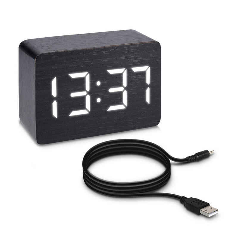kwmobile Wecker Wecker Uhr in Holzoptik digital - Digitalwecker Anzeige von Uhrzeit Temperatur Datum - Alarm Clock mit USB Kabel
