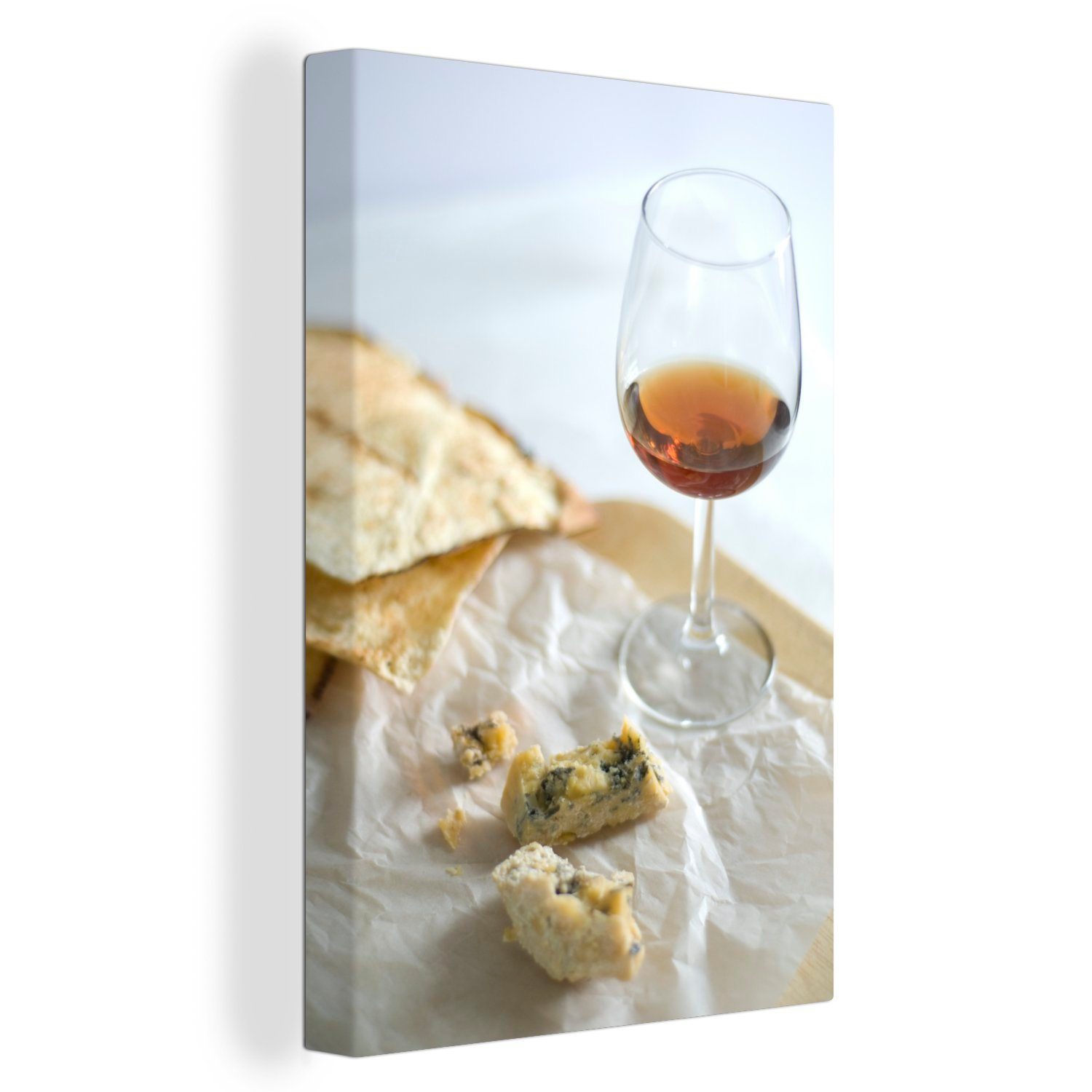 OneMillionCanvasses® Leinwandbild Portwein und Zackenaufhänger, Käse, inkl. cm 20x30 bespannt Ein St), köstliches Glas Leinwandbild (1 fertig Gemälde, etwas