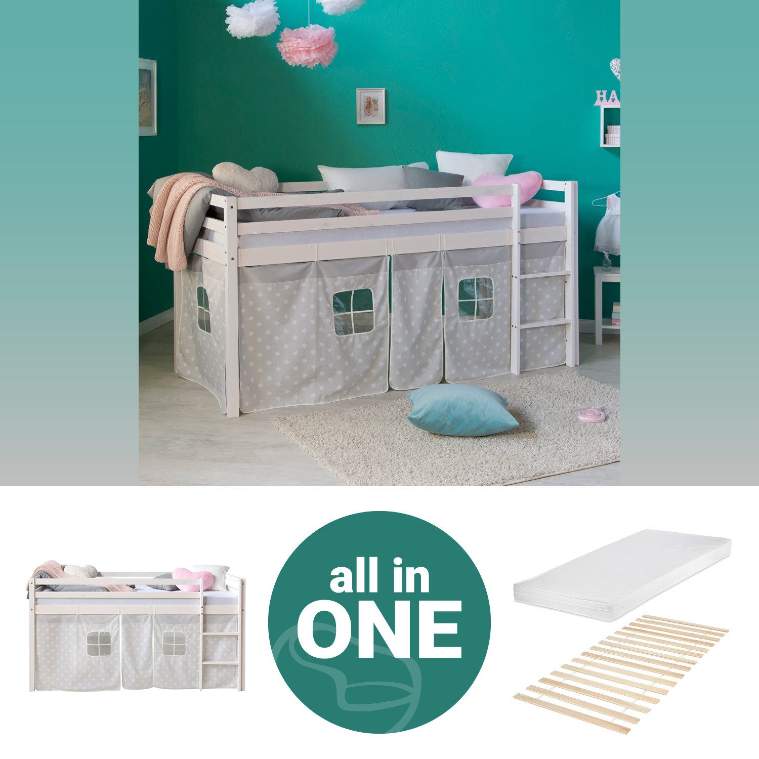 Homestyle4u Hochbett 90x200 Weiß mit Vorhang günstig online kaufen